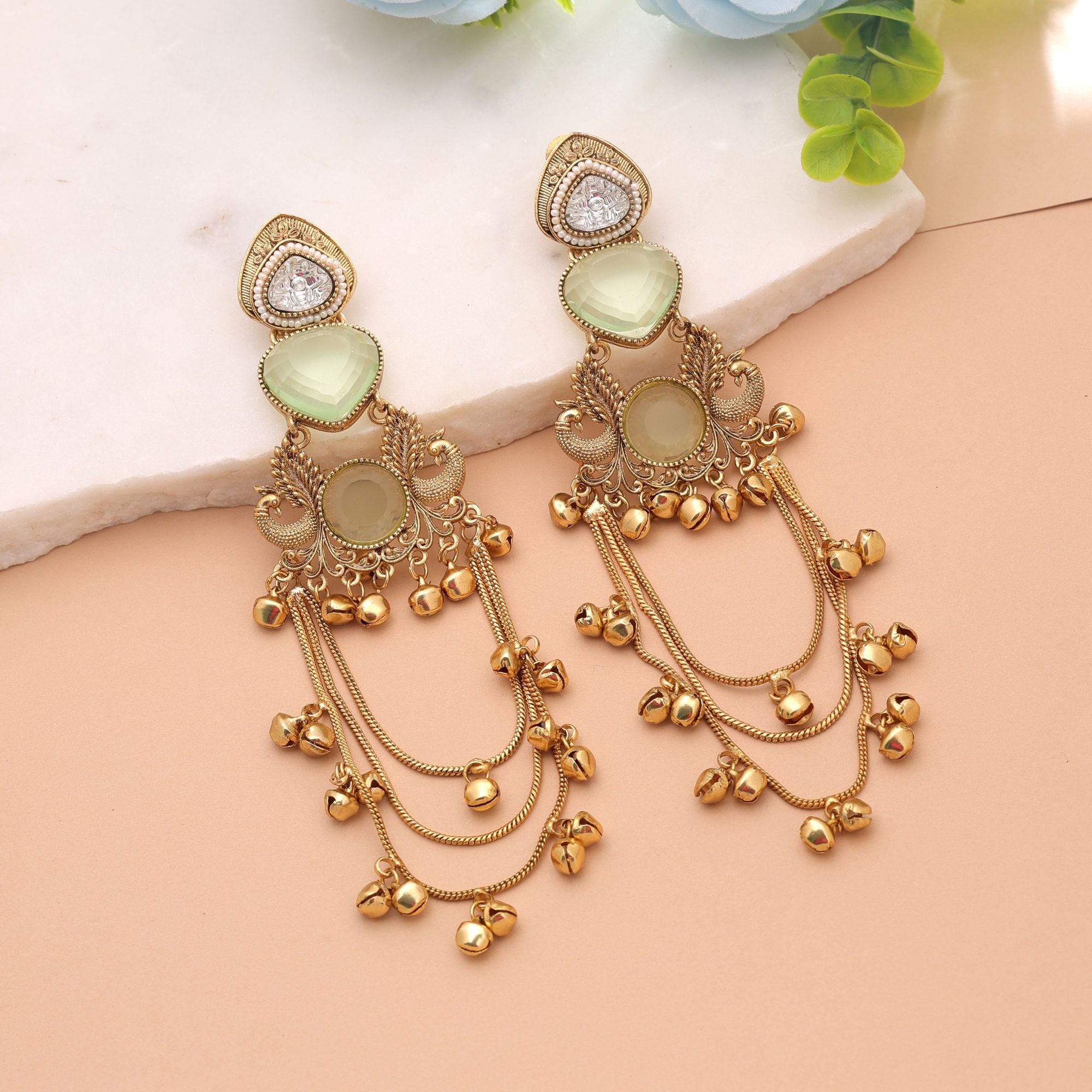 Lime Green Color Long Kashmiri Earrings with Ethnic Style