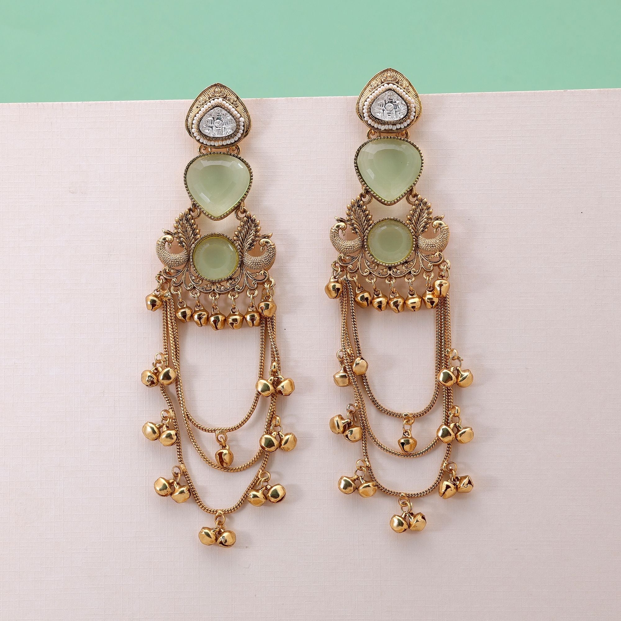 Lime Green Color Long Kashmiri Earrings with Ethnic Style
