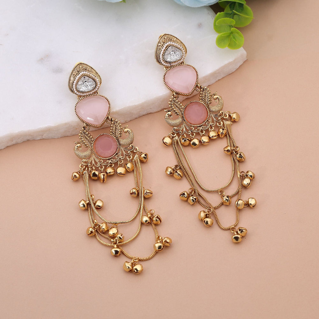Light Pink Stone Long Kashmiri Earrings with Handmade Style