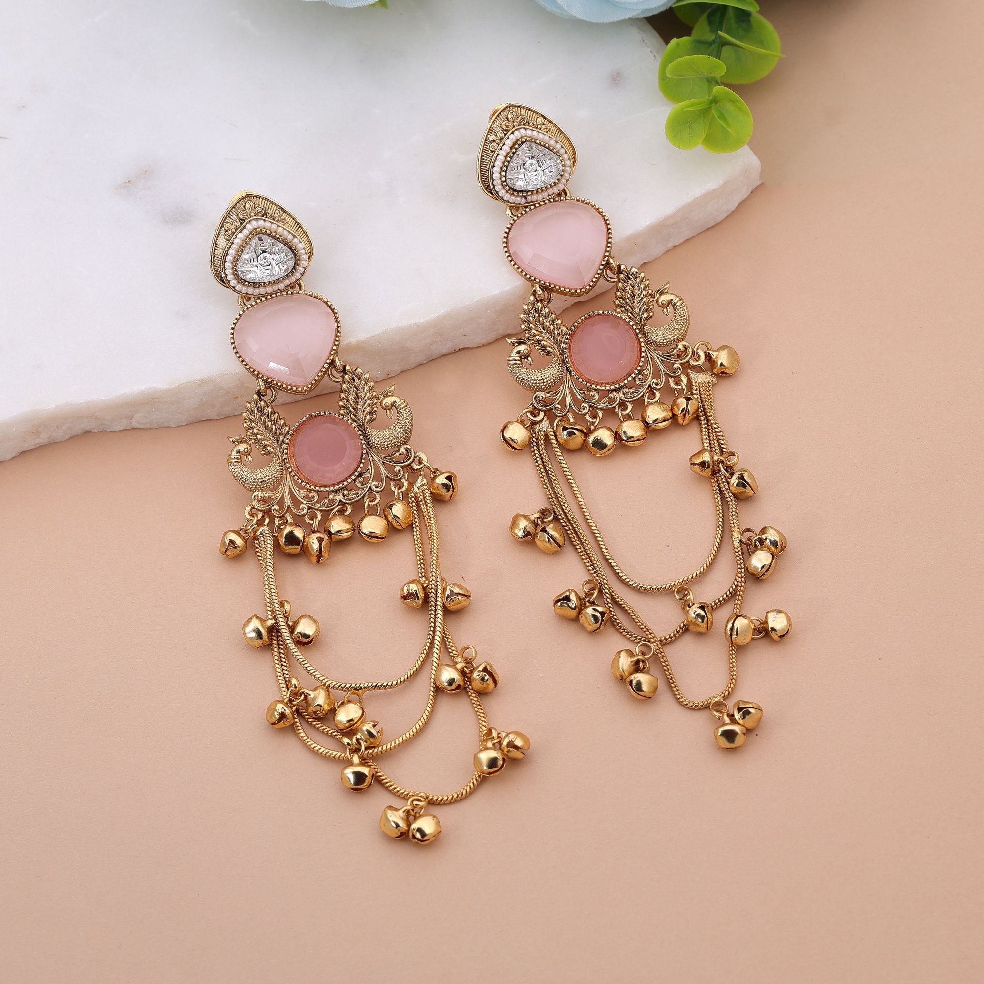 Light Pink Stone Long Kashmiri Earrings with Handmade Style