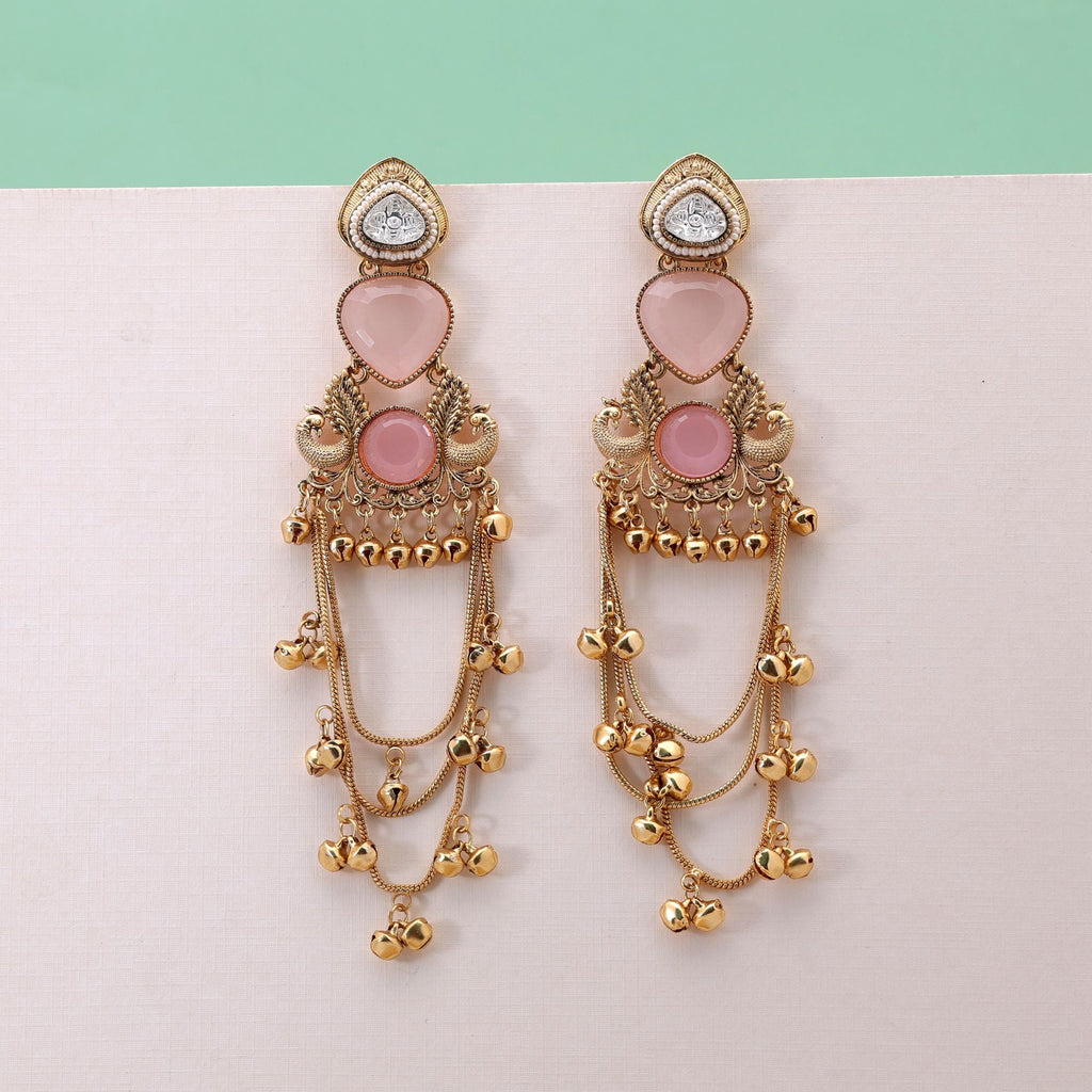 Light Pink Stone Long Kashmiri Earrings with Handmade Style