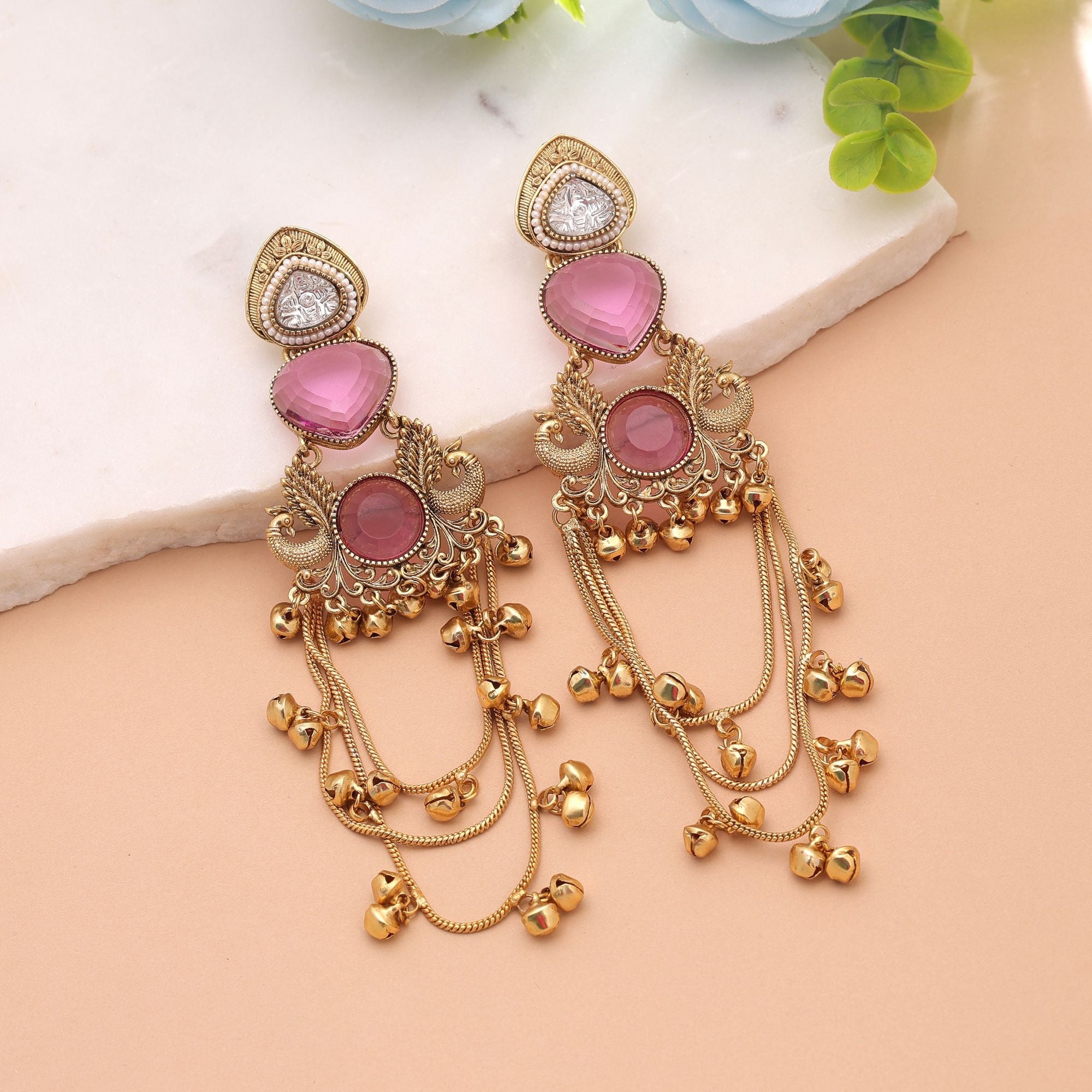 Pink Color Long Kashmiri Earrings with Traditional Artwork