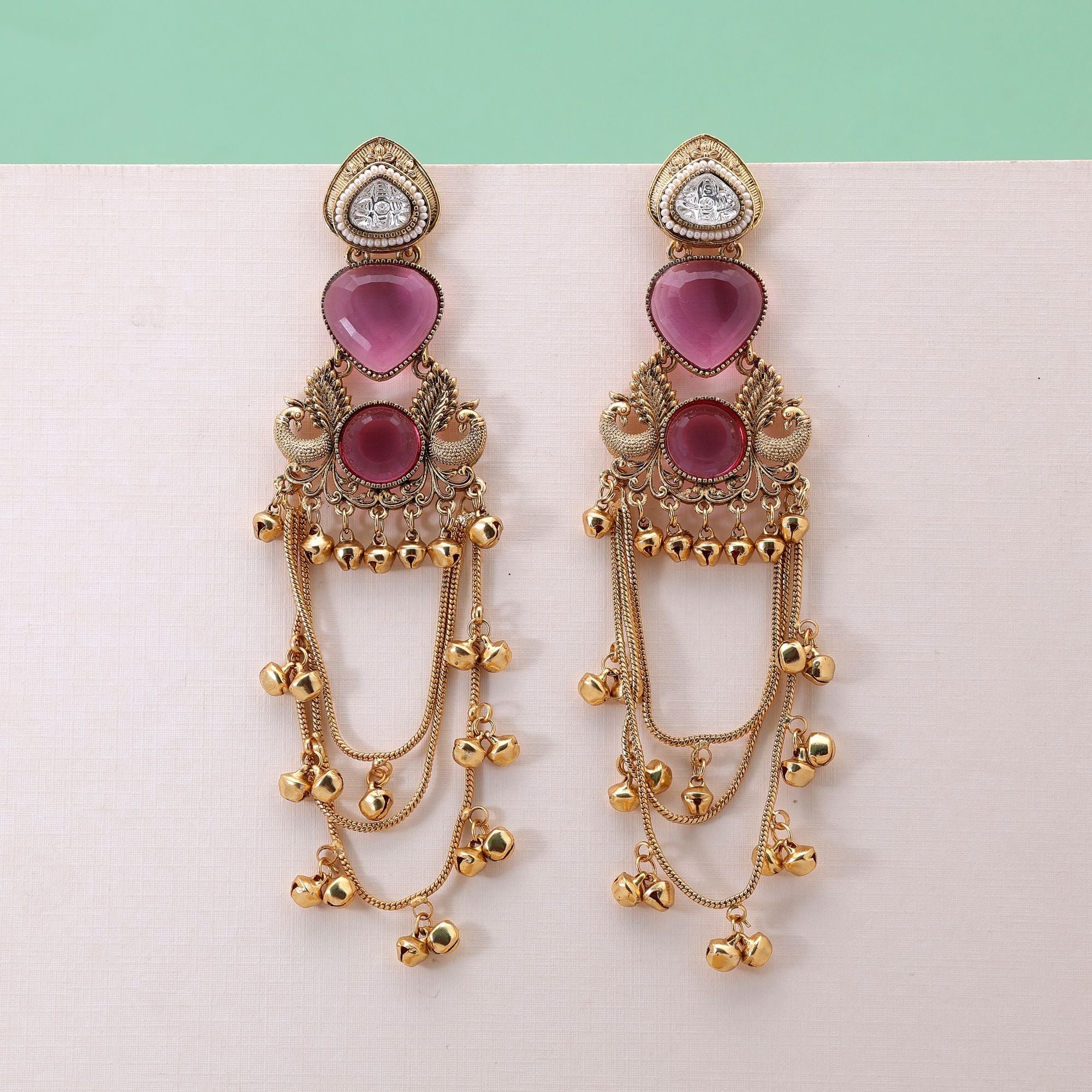 Pink Color Long Kashmiri Earrings with Traditional Artwork
