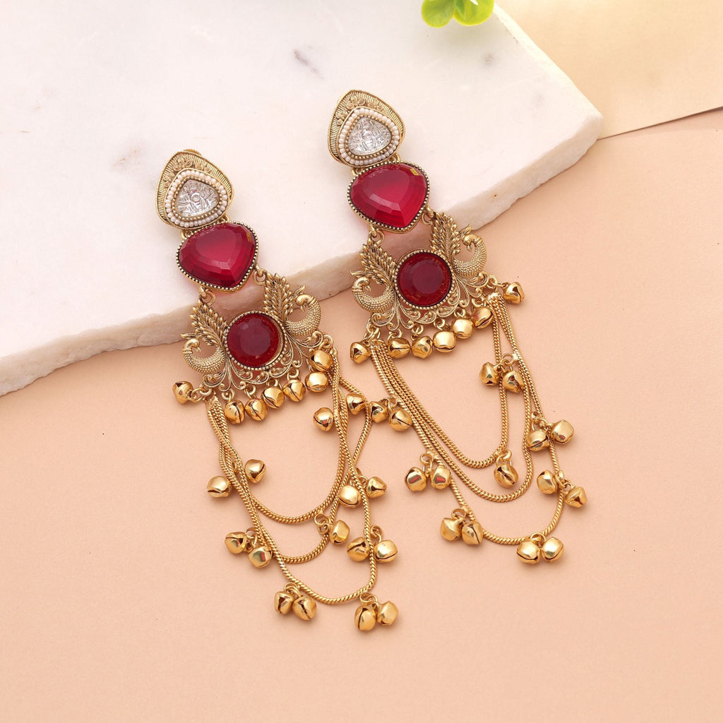 Red Color Long Kashmiri Earrings with Designer Style