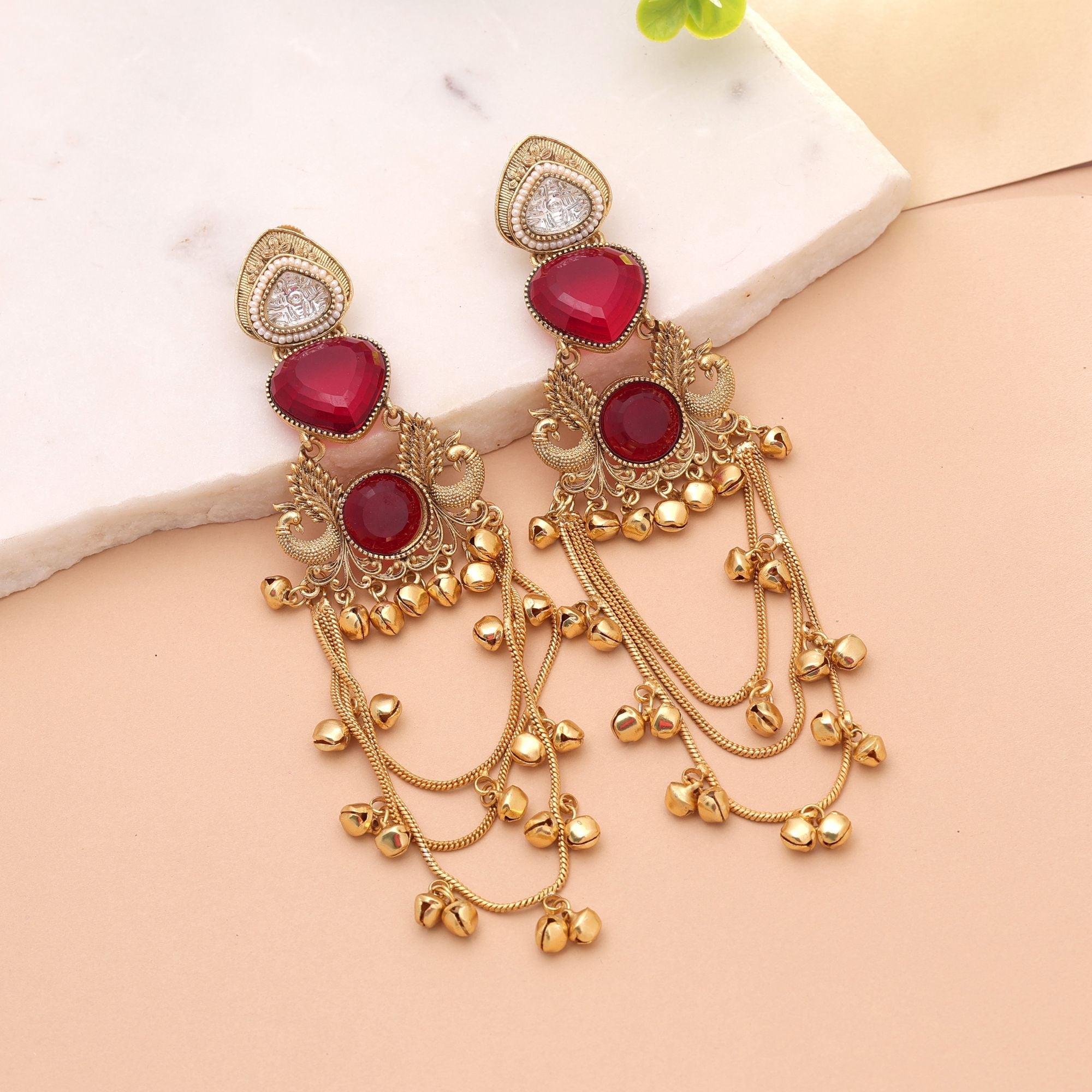 Red Color Long Kashmiri Earrings with Designer Style