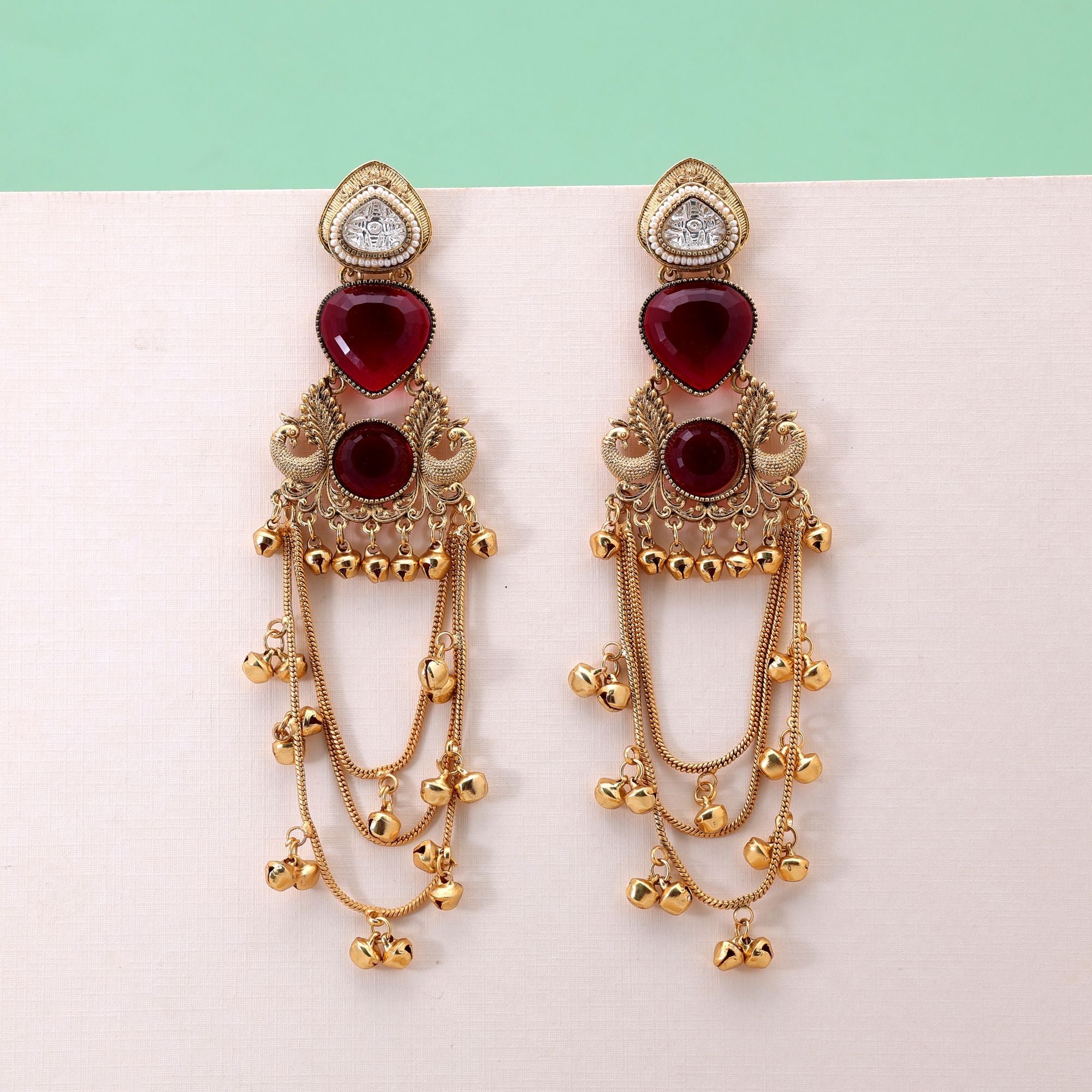 Red Color Long Kashmiri Earrings with Designer Style