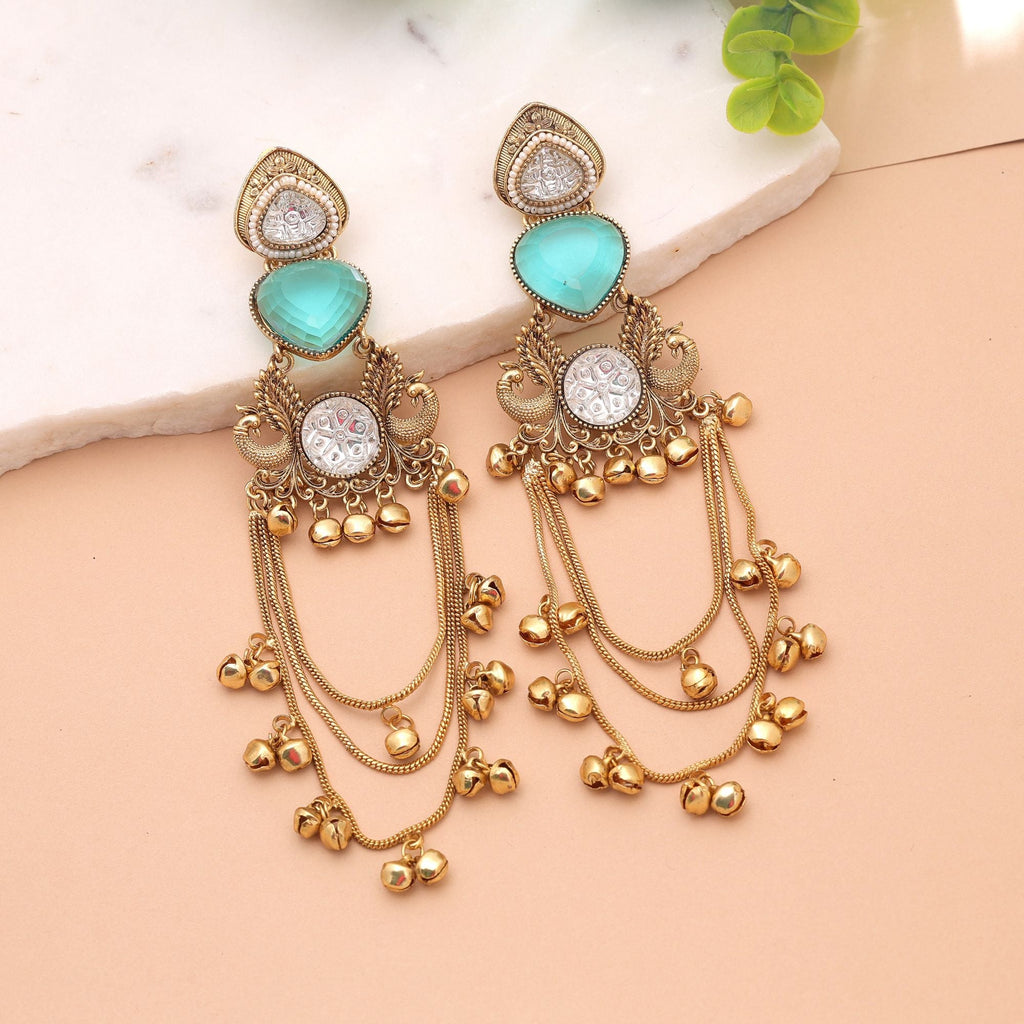 Rama Green Color Long Kashmiri Earrings with Handmade Design