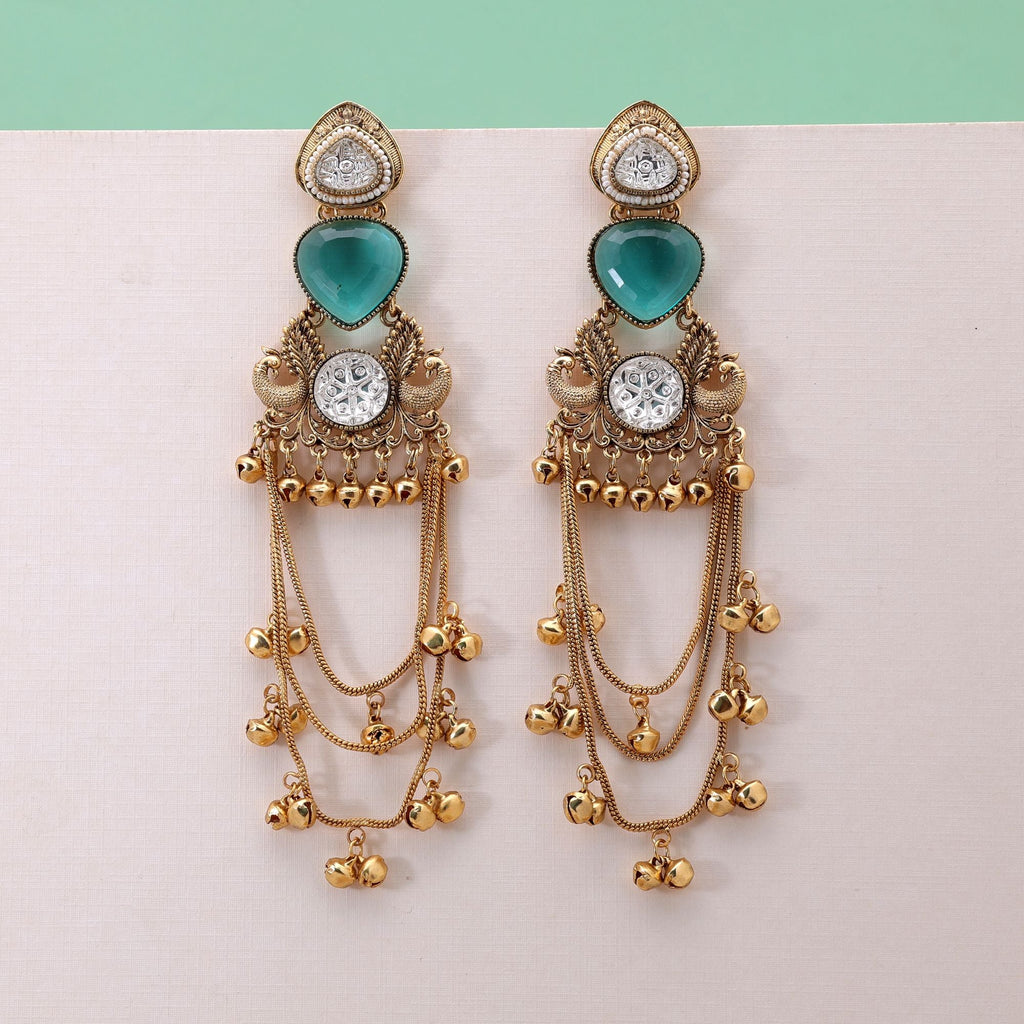 Rama Green Color Long Kashmiri Earrings with Handmade Design