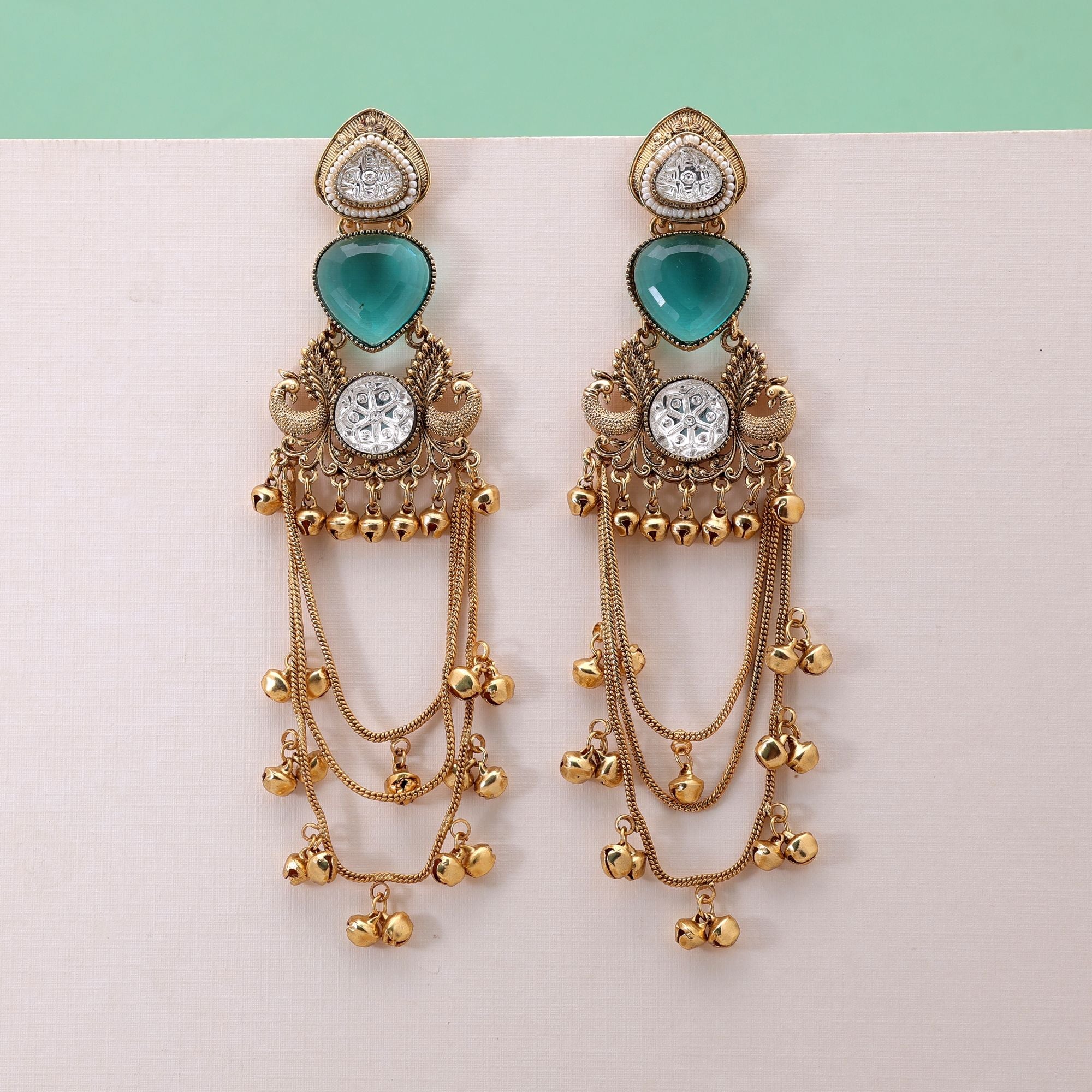 Rama Green Color Long Kashmiri Earrings with Handmade Design