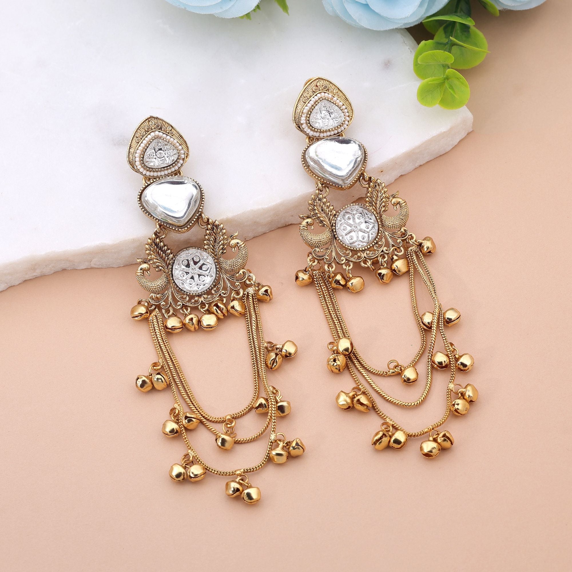 White Color Long Kashmiri Earrings with Artistic Design