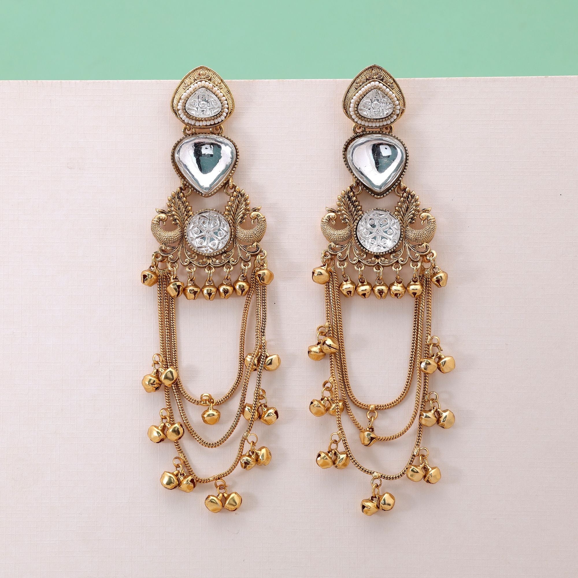 White Color Long Kashmiri Earrings with Artistic Design