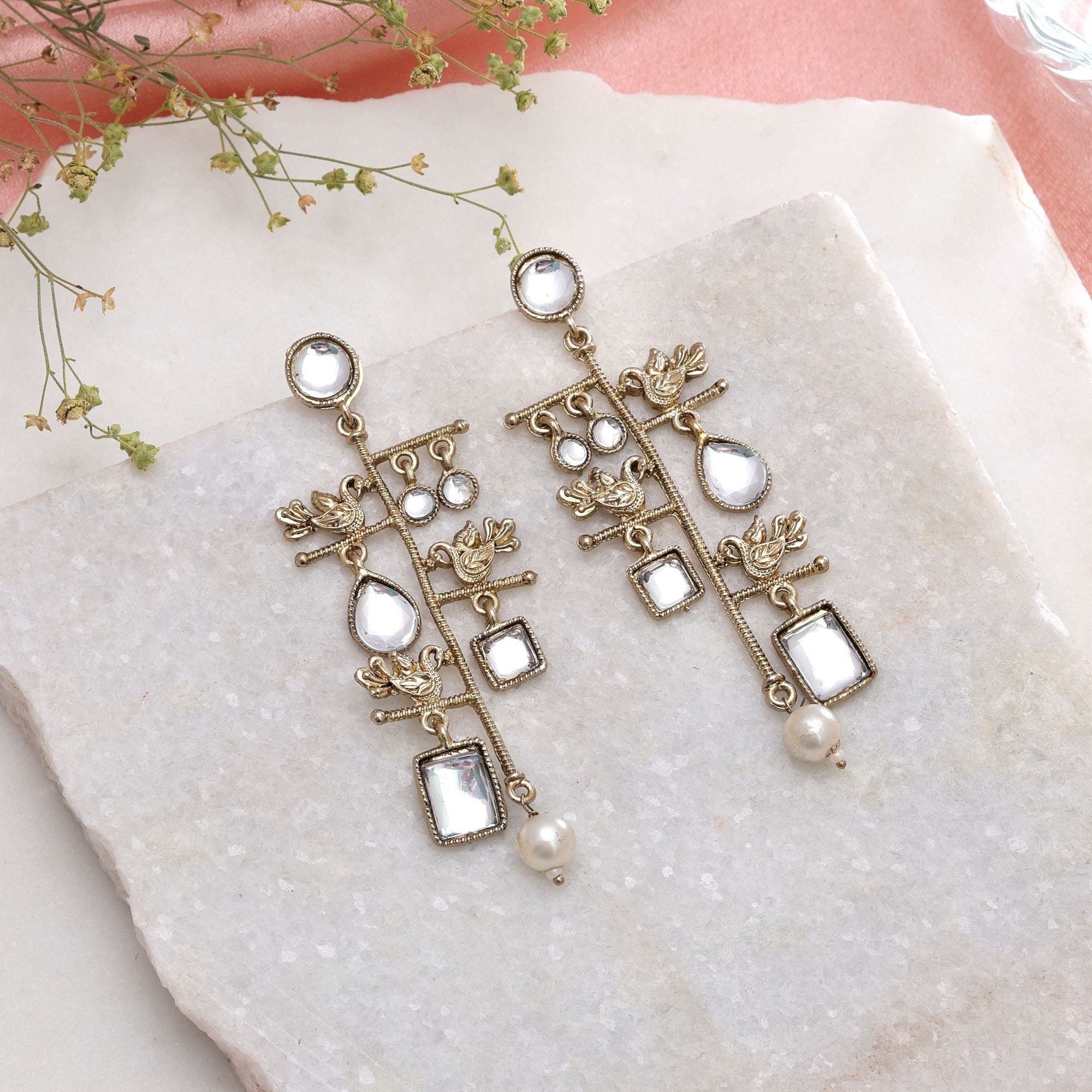 Gold Color Long Kashmiri Earrings with Handmade Design