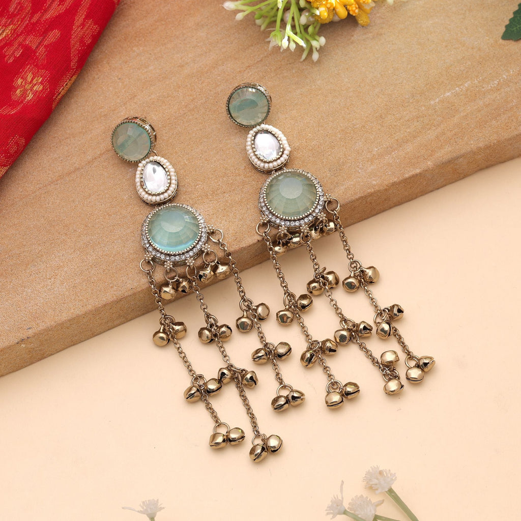 Aqua Color Long Kashmiri Earrings with Traditional Appeal
