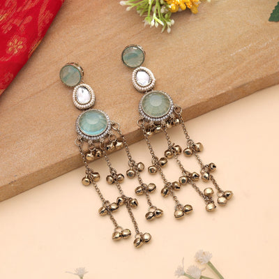 Aqua Color Long Kashmiri Earrings with Traditional Appeal