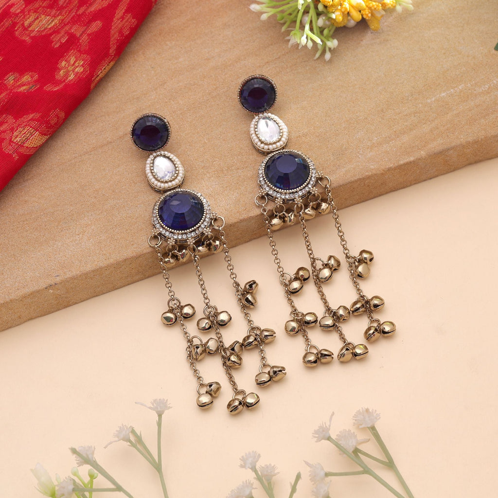Blue Color Long Kashmiri Earrings with Handmade Style