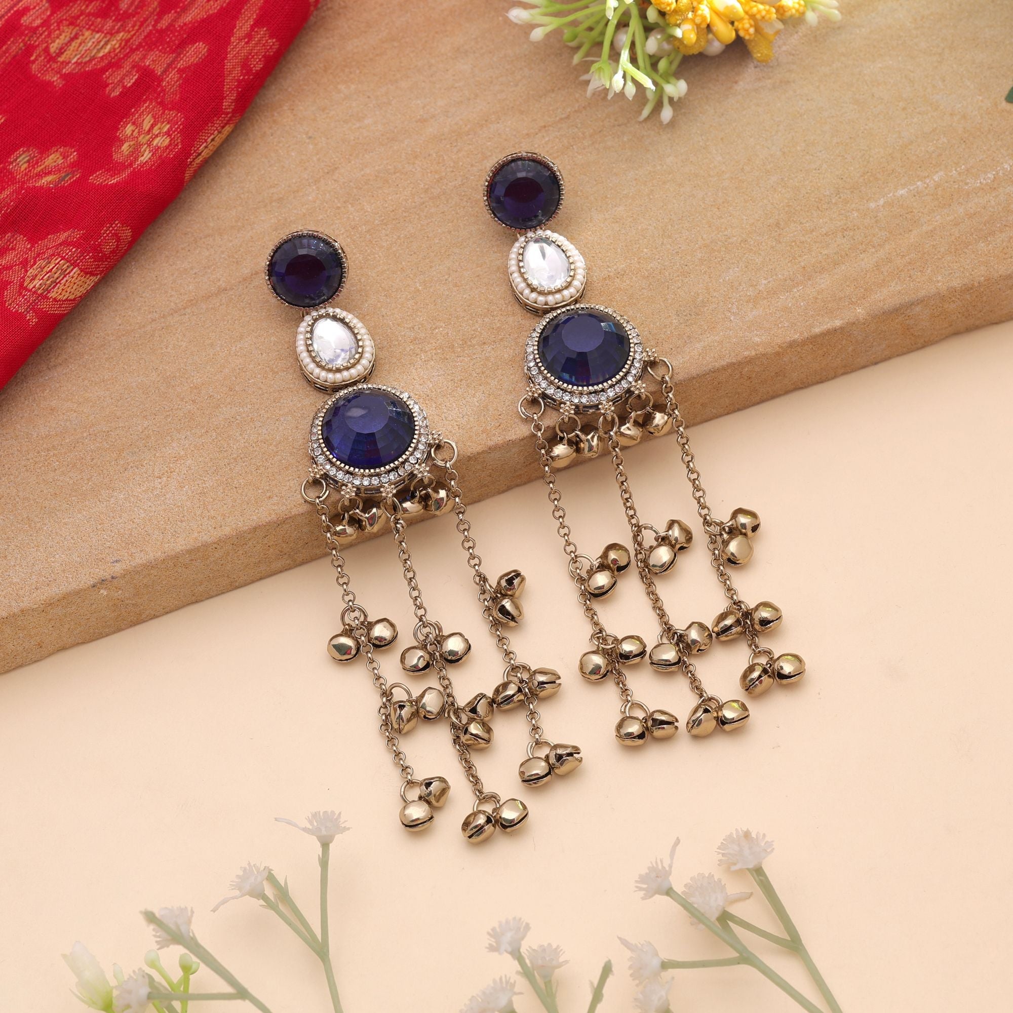 Blue Color Long Kashmiri Earrings with Handmade Style