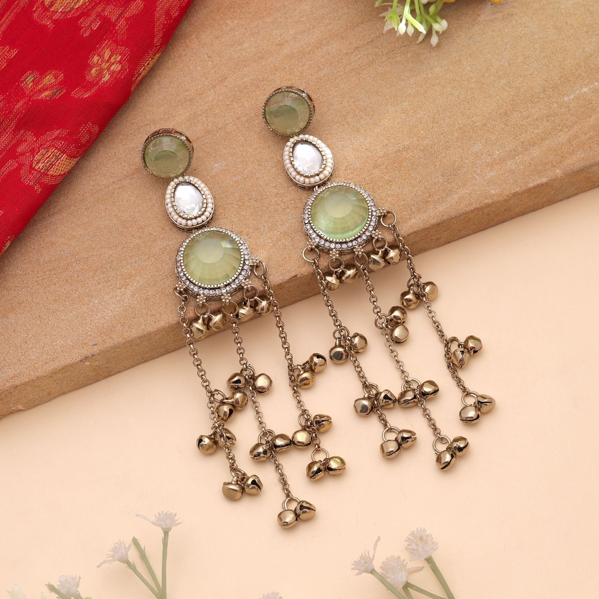 Lime Green Color Long Kashmiri Earrings with Handmade Design