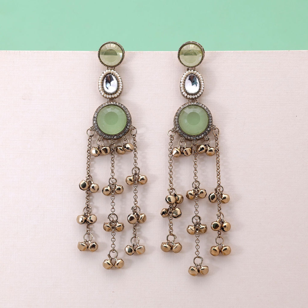 Lime Green Color Long Kashmiri Earrings with Handmade Design