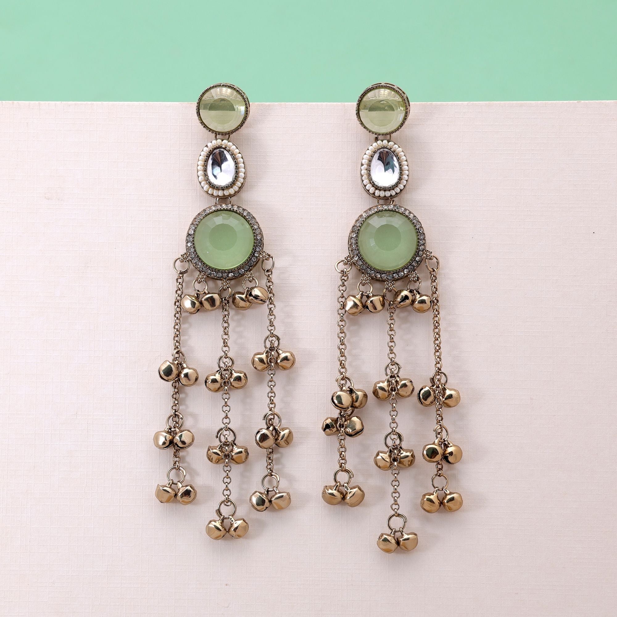 Lime Green Color Long Kashmiri Earrings with Handmade Design
