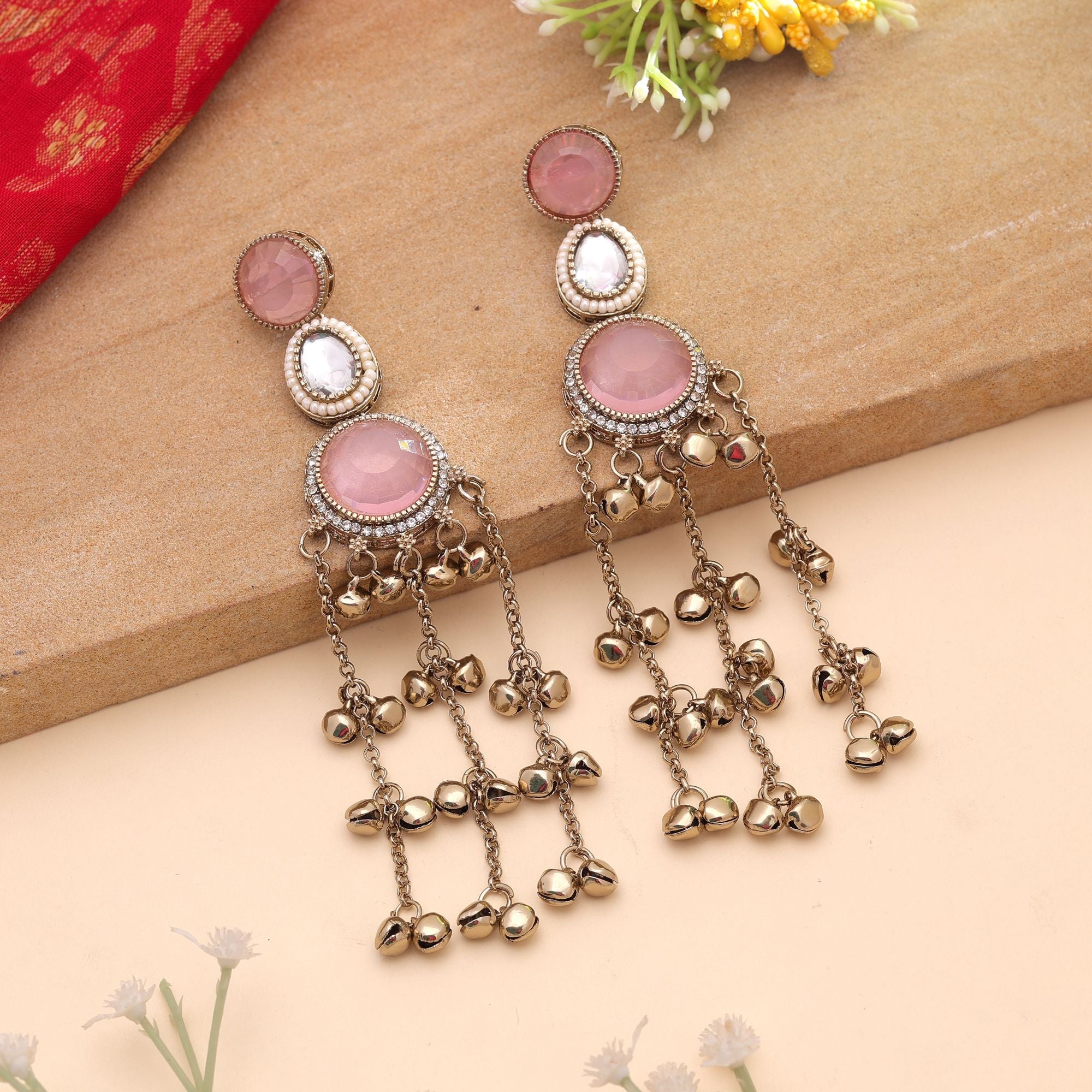 Light Pink Stone Long Kashmiri Earrings with Artistic Design