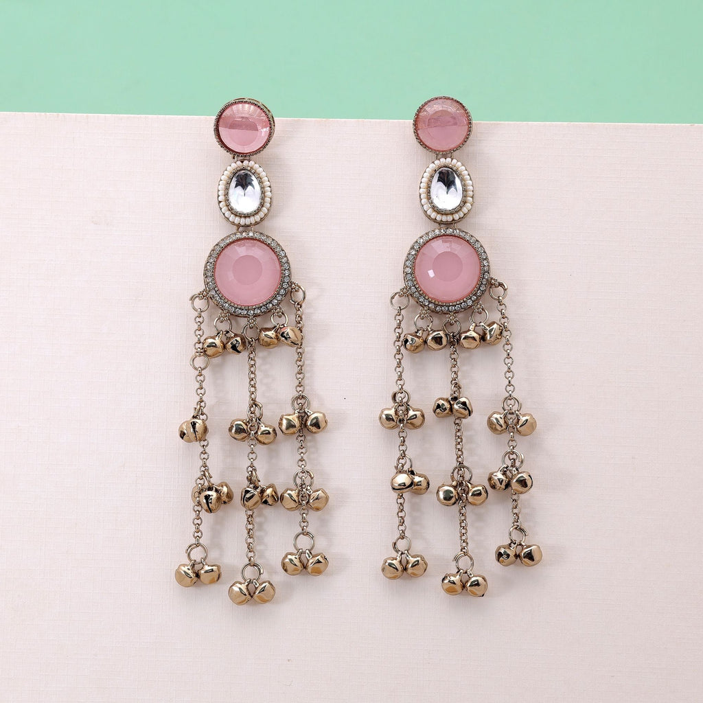 Light Pink Stone Long Kashmiri Earrings with Artistic Design