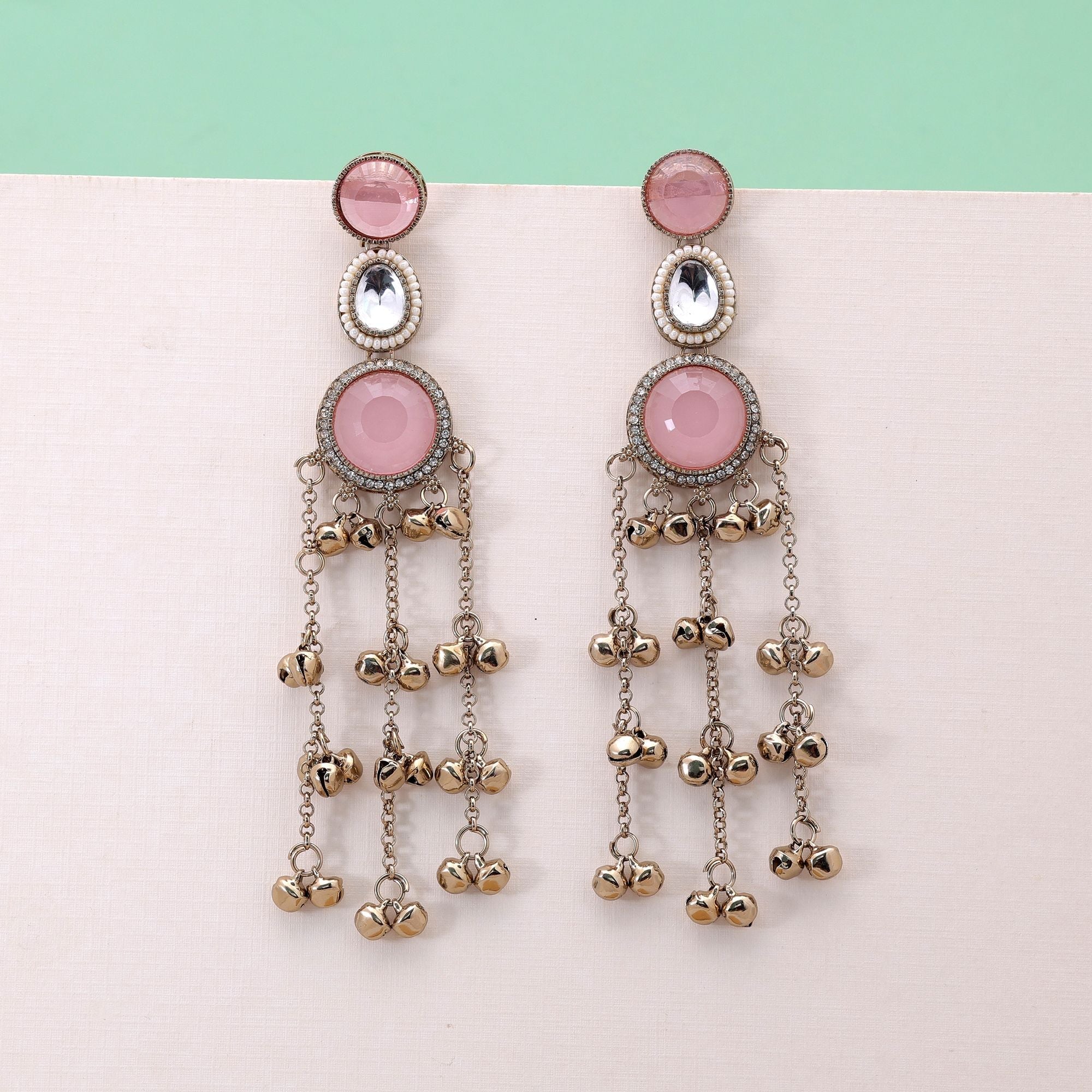 Light Pink Stone Long Kashmiri Earrings with Artistic Design