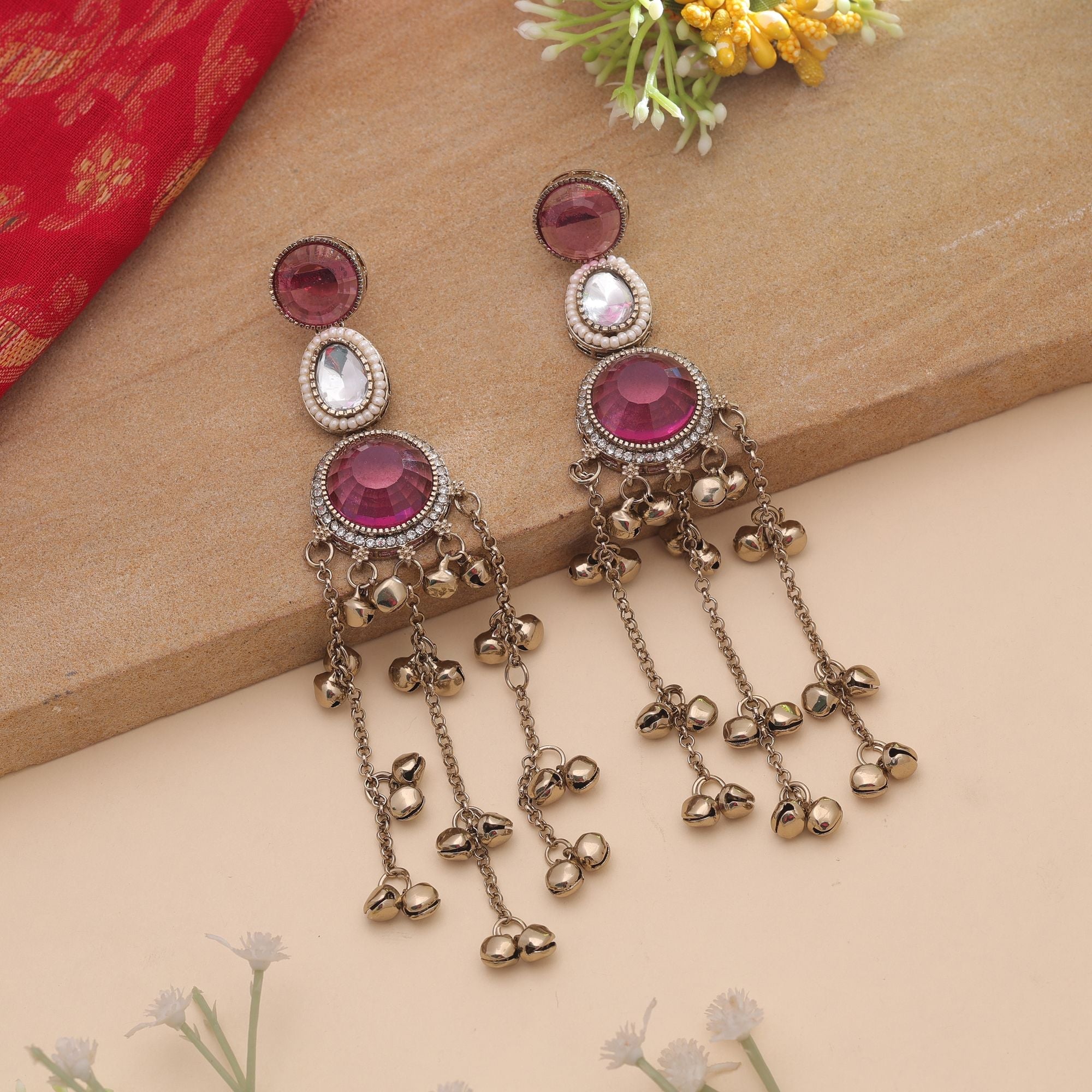 Purple Color Long Kashmiri Earrings with Traditional Style