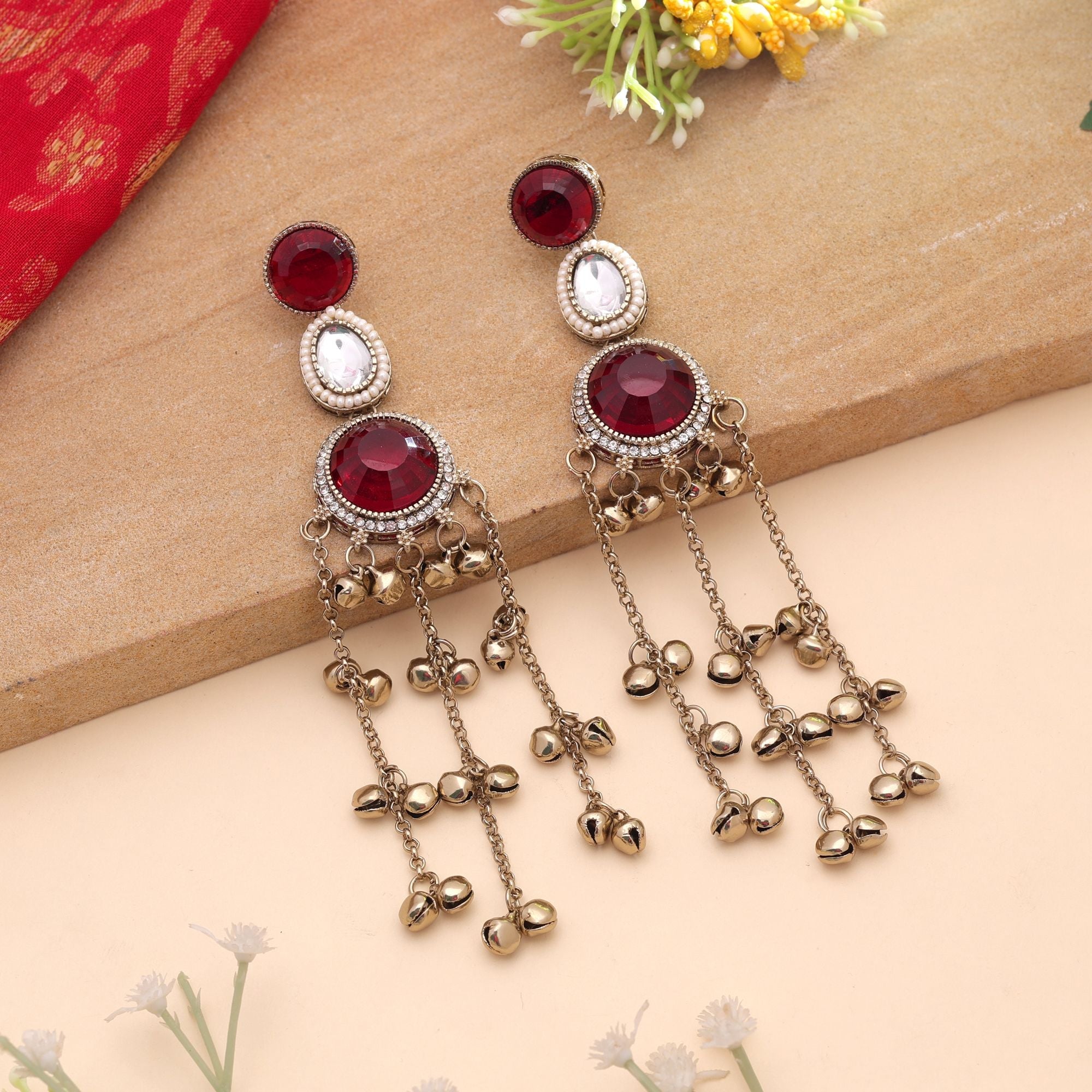 Red Color Long Kashmiri Earrings with Handmade Fashion Style
