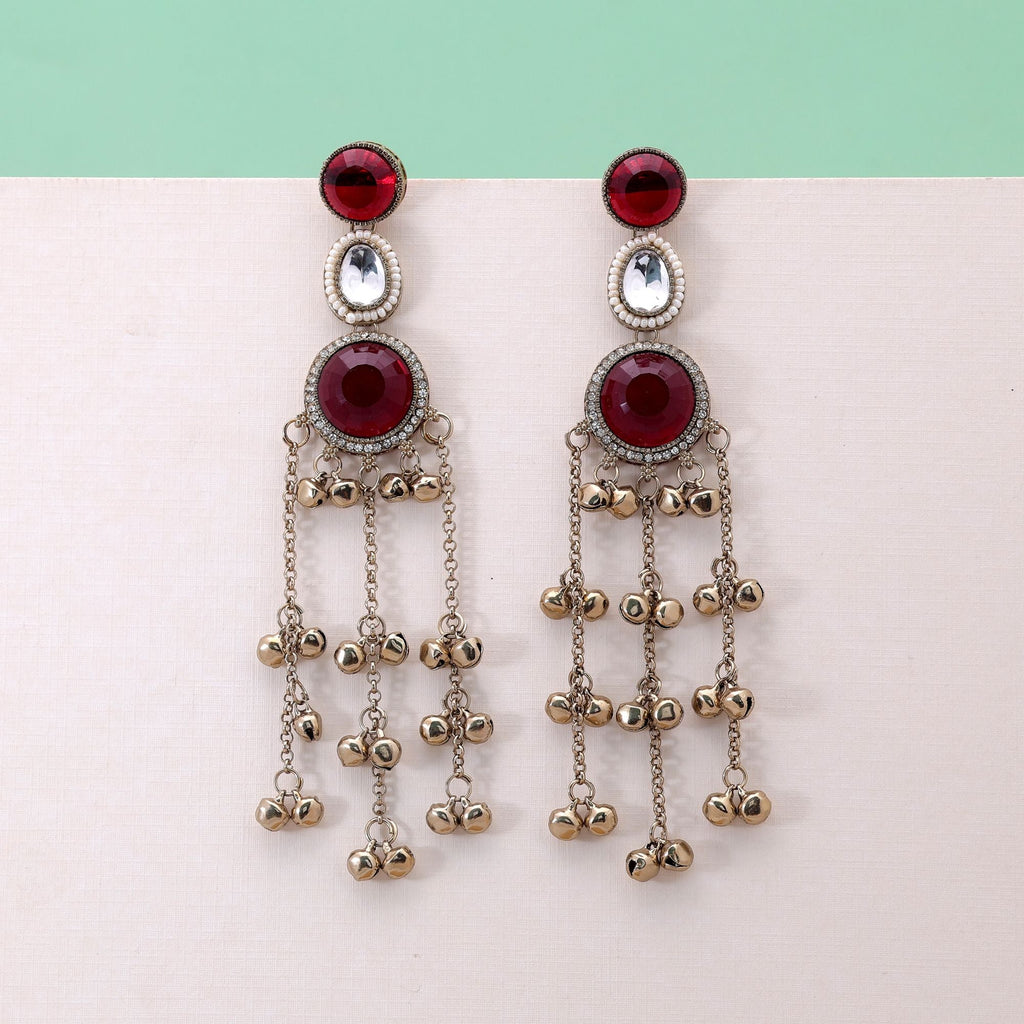 Red Color Long Kashmiri Earrings with Handmade Fashion Style