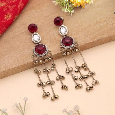 Red Color Long Kashmiri Earrings with Handmade Fashion Style