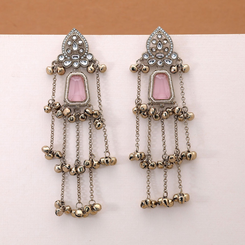 Light Pink Stone Long Kashmiri Earrings with Fashion Style