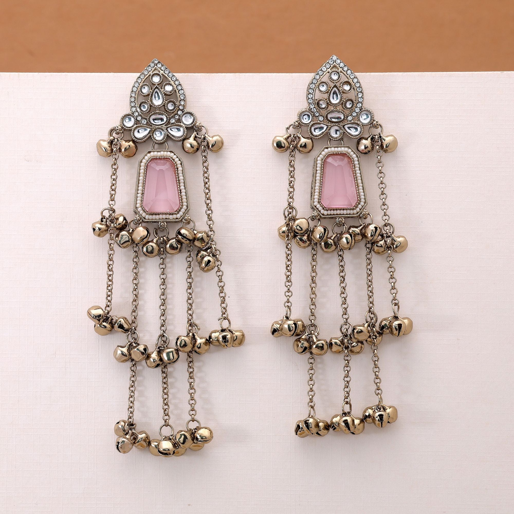 Light Pink Stone Long Kashmiri Earrings with Fashion Style