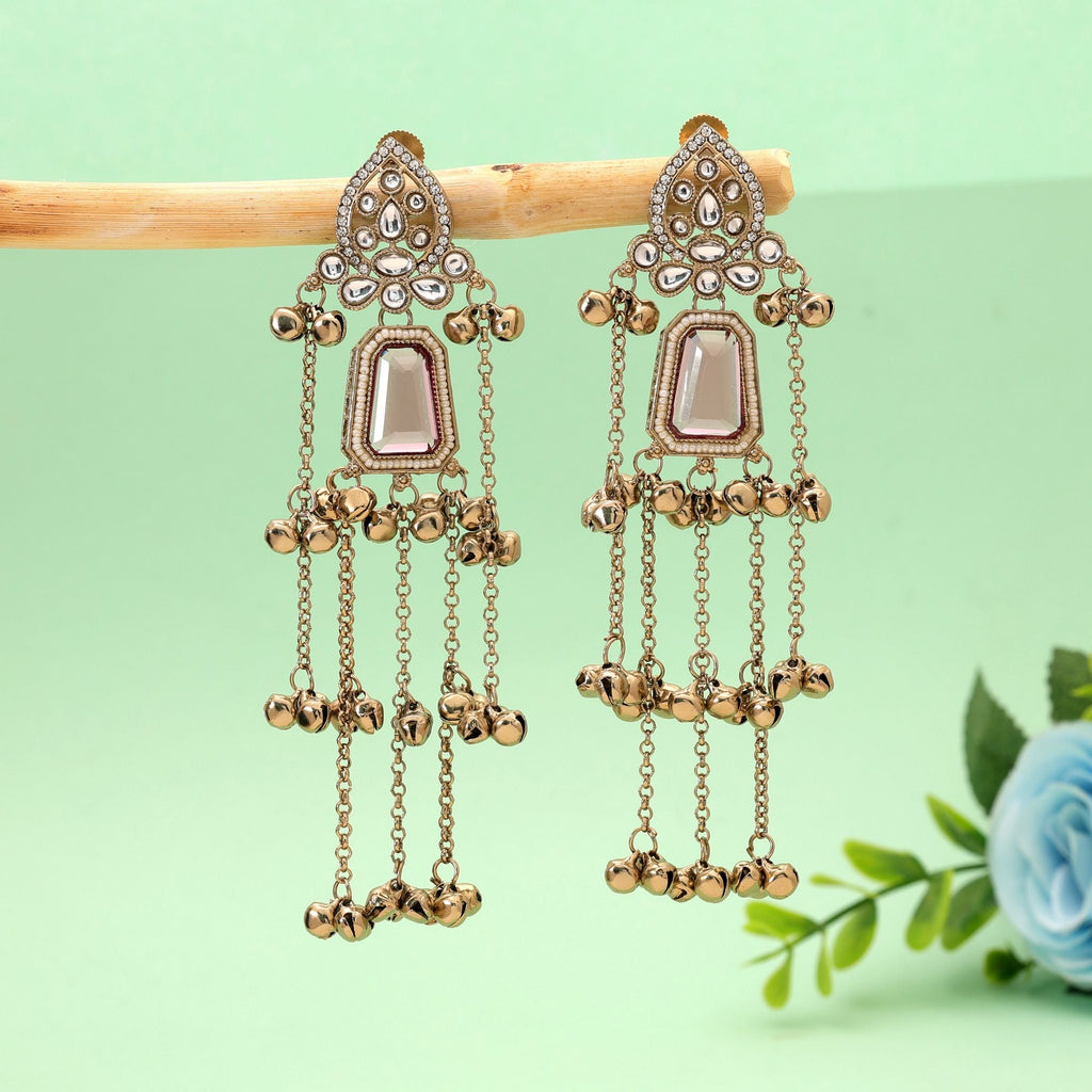Light Pink Stone Long Kashmiri Earrings with Fashion Style