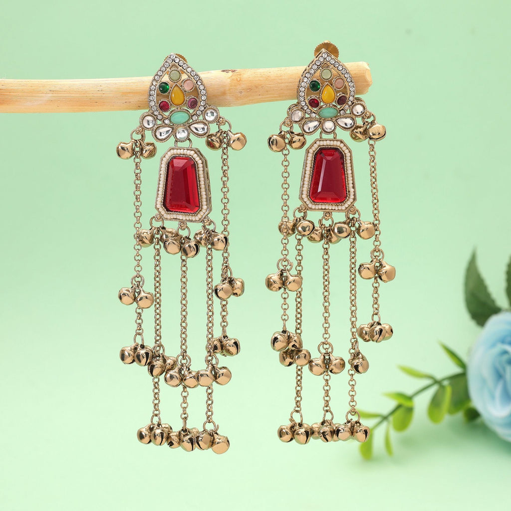 Multi Color Long Kashmiri Earrings with Ethnic Design