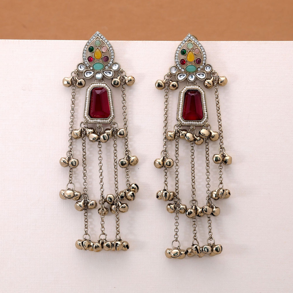 Multi Color Long Kashmiri Earrings with Ethnic Design