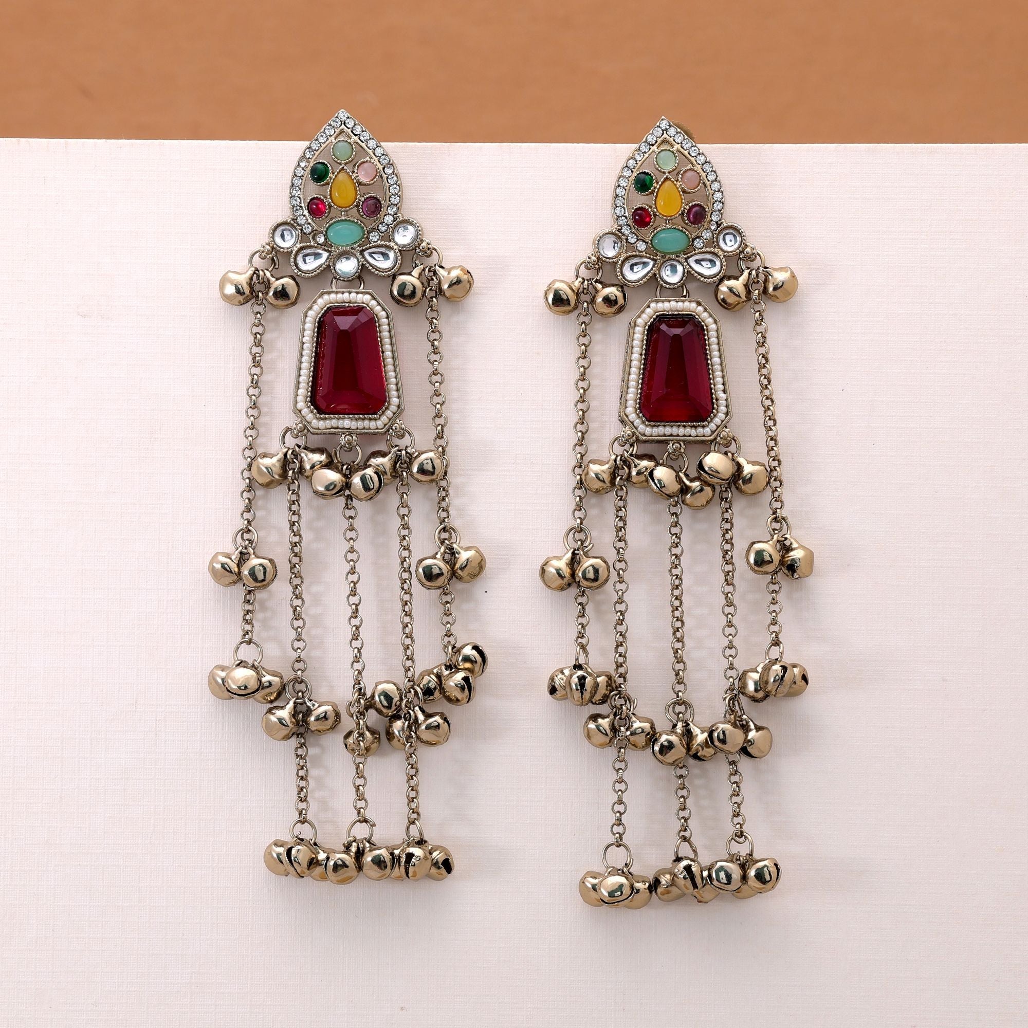 Multi Color Long Kashmiri Earrings with Ethnic Design