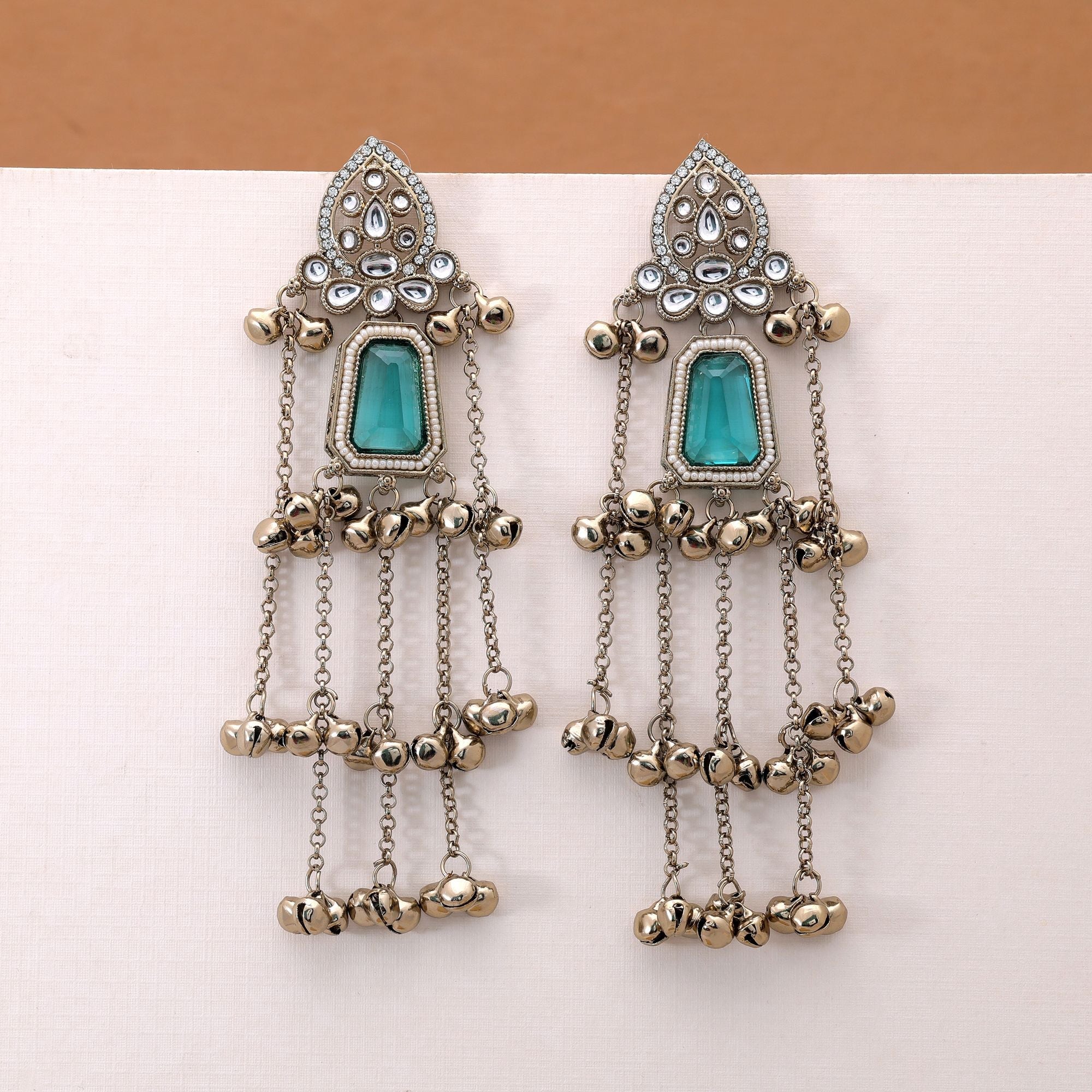 Rama Green Color Long Kashmiri Earrings with Ethnic Design