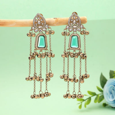 Rama Green Color Long Kashmiri Earrings with Ethnic Design
