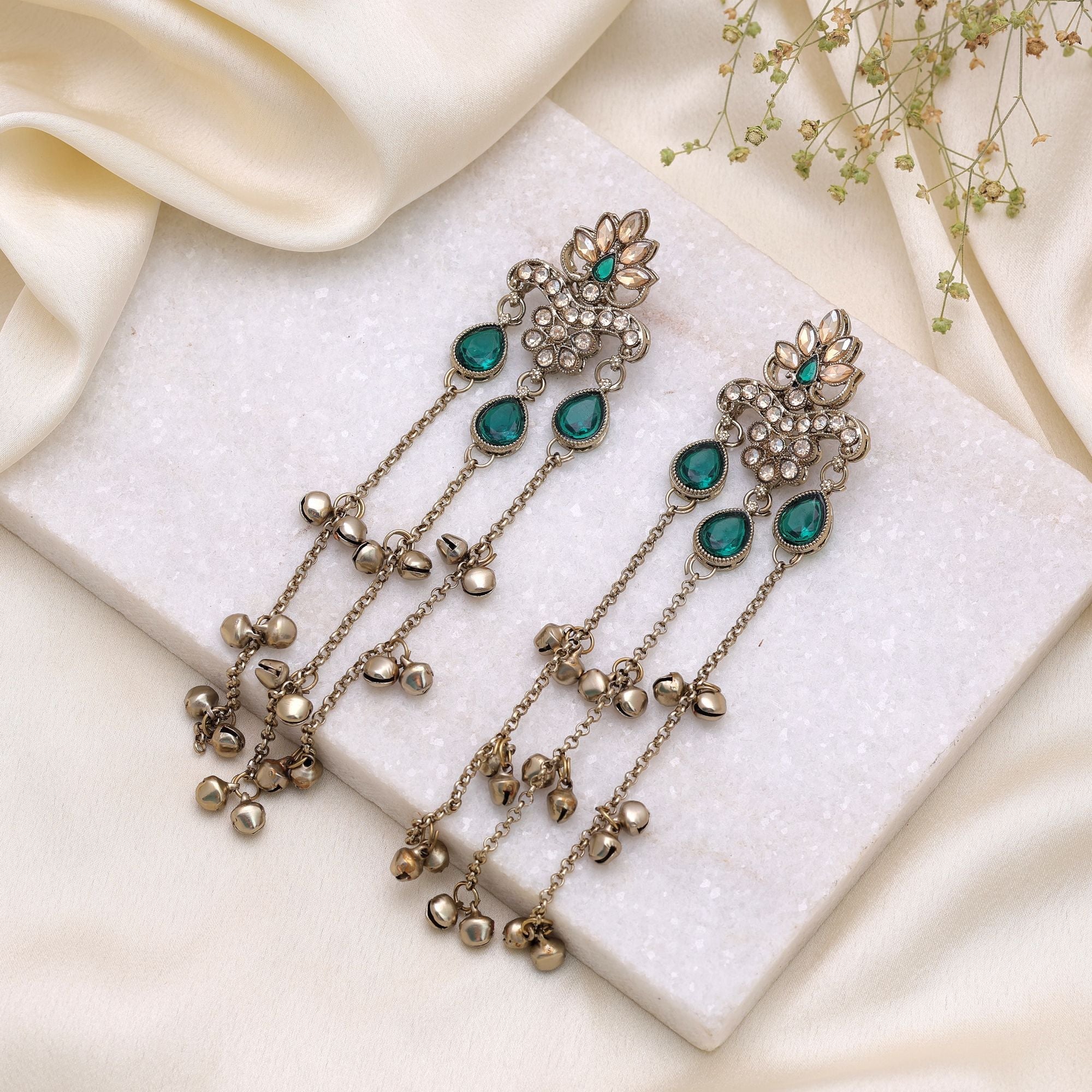 Green Color Long Kashmiri Earrings Festive Jewelry Design