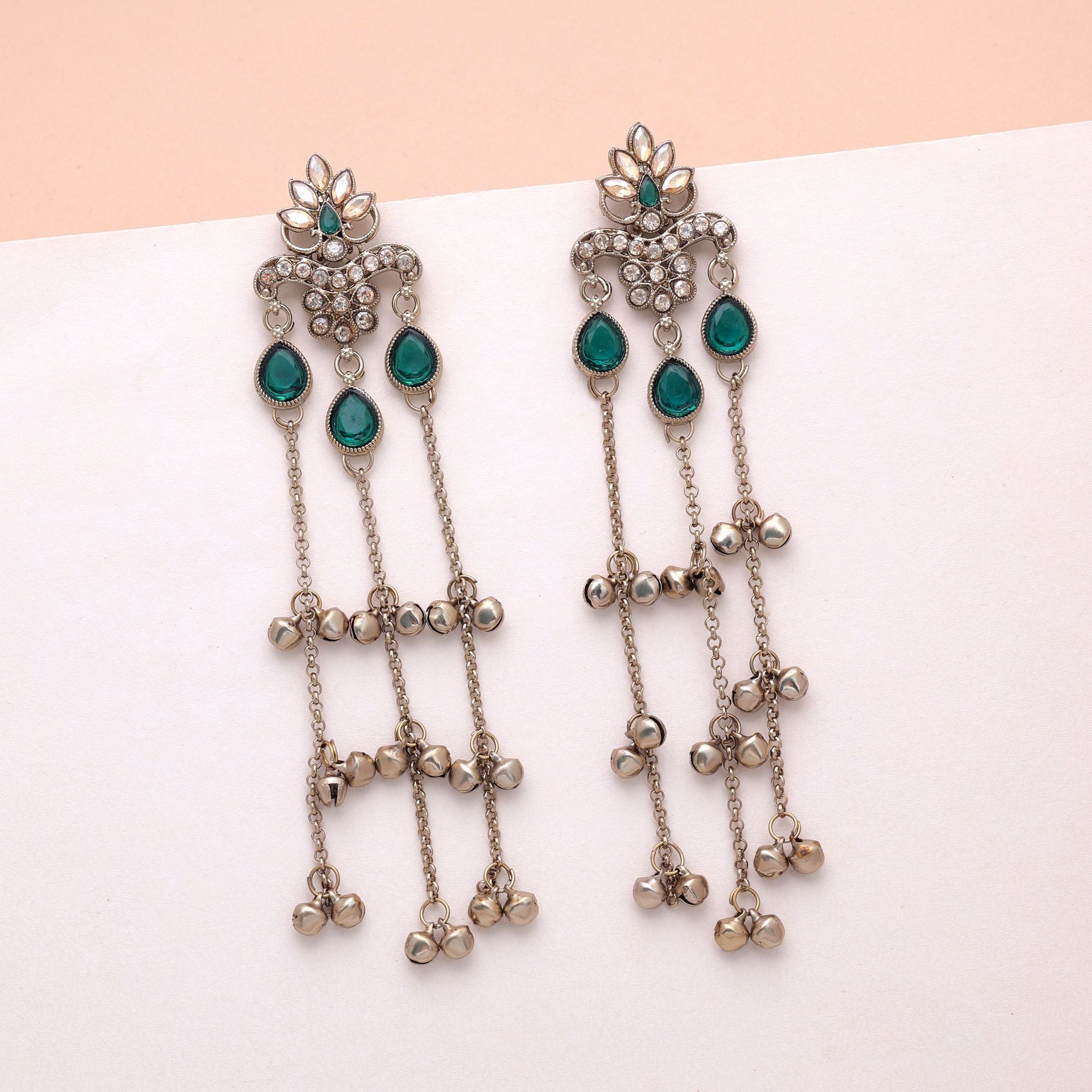 Green Color Long Kashmiri Earrings Festive Jewelry Design