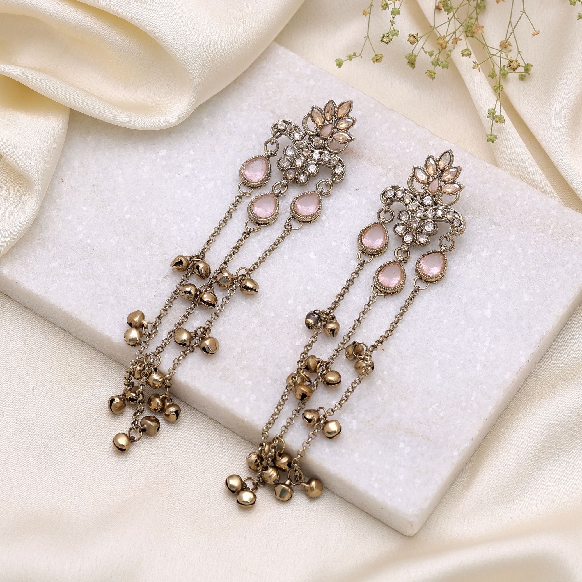 Light Pink Color Long Kashmiri Earrings Handmade Traditional Design