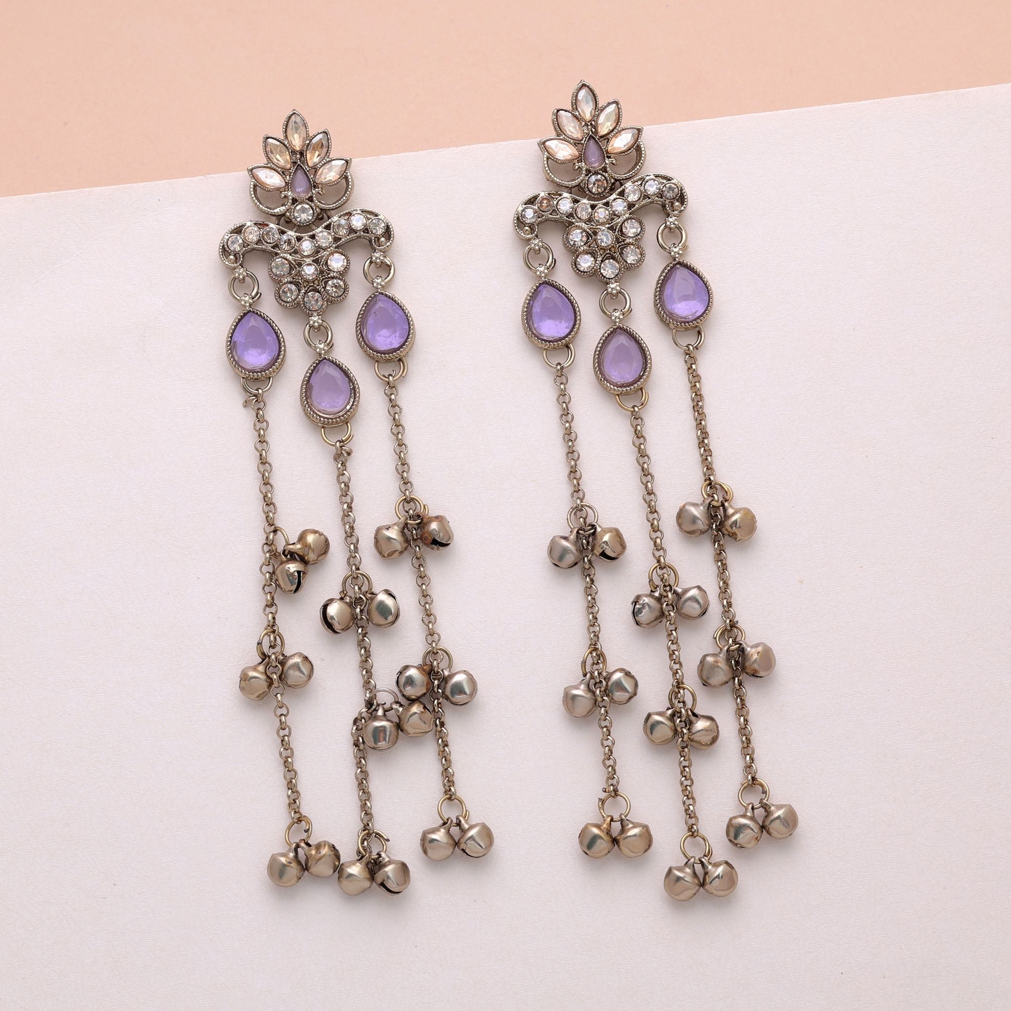 Lavender Color Long Kashmiri Earrings Festive Jewelry Style