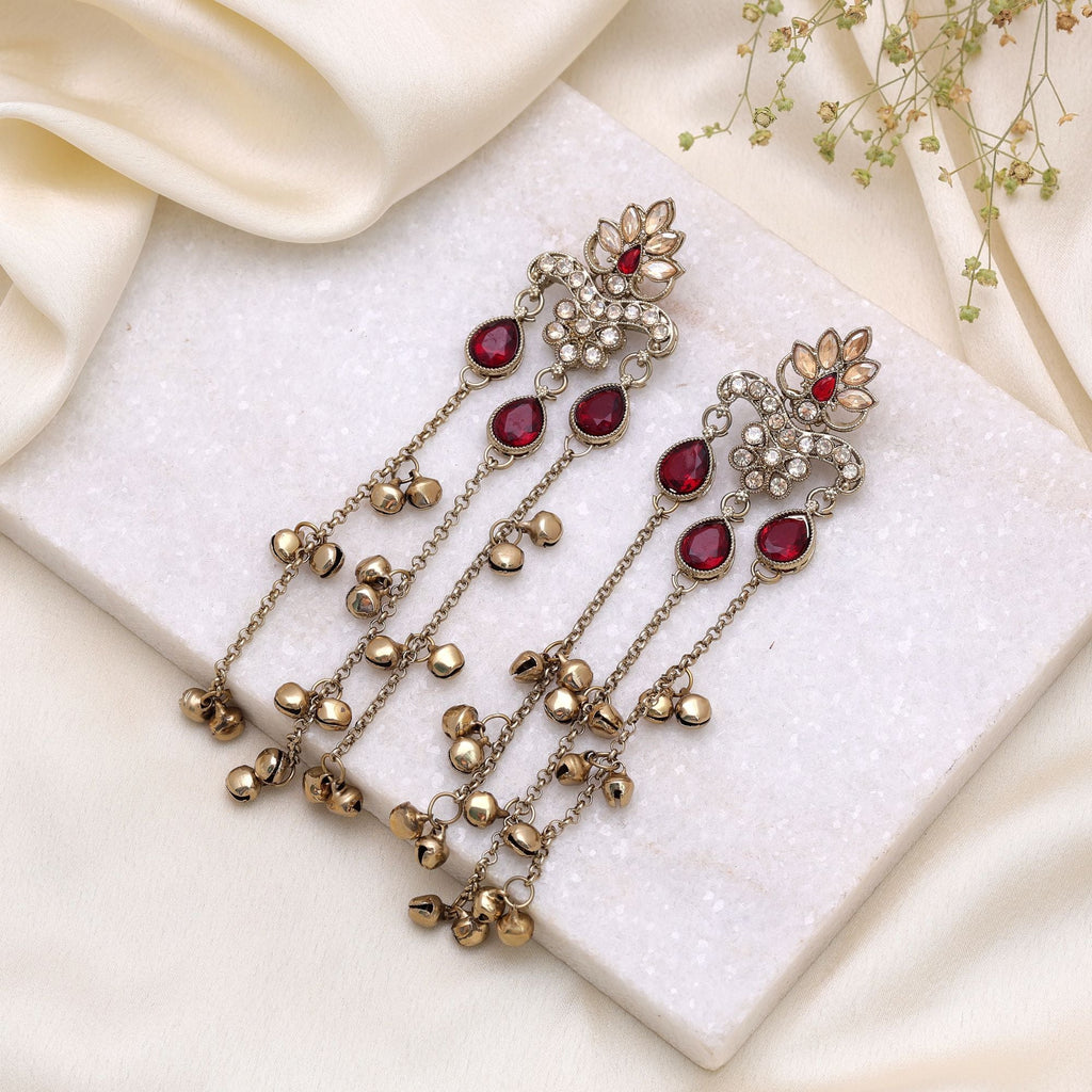 Red Color Long Kashmiri Earrings Traditional Fashion Style
