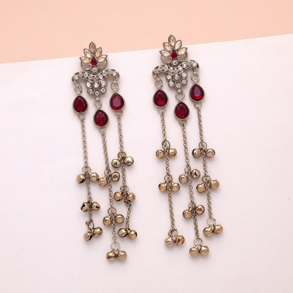 Red Color Long Kashmiri Earrings Traditional Fashion Style