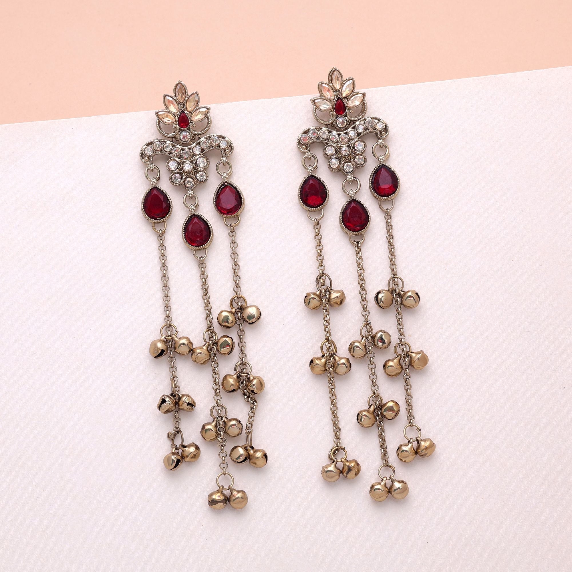 Red Color Long Kashmiri Earrings Traditional Fashion Style