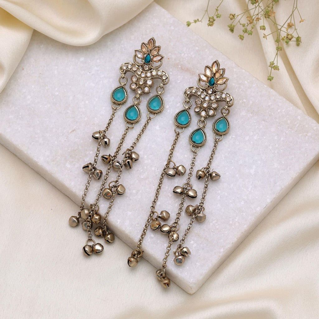 Rama Green Color Long Kashmiri Earrings Traditional Designer Finish