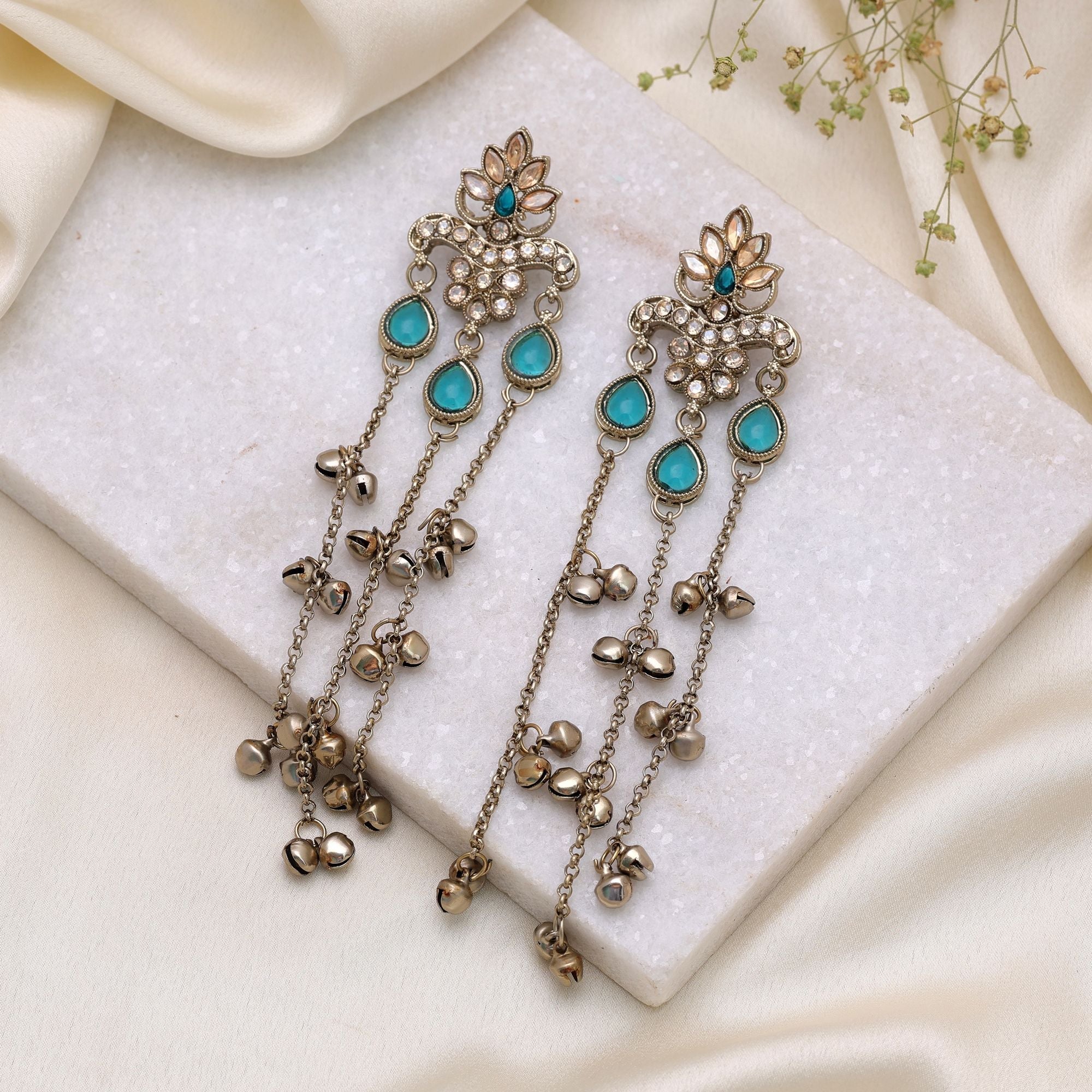 Rama Green Color Long Kashmiri Earrings Traditional Designer Finish
