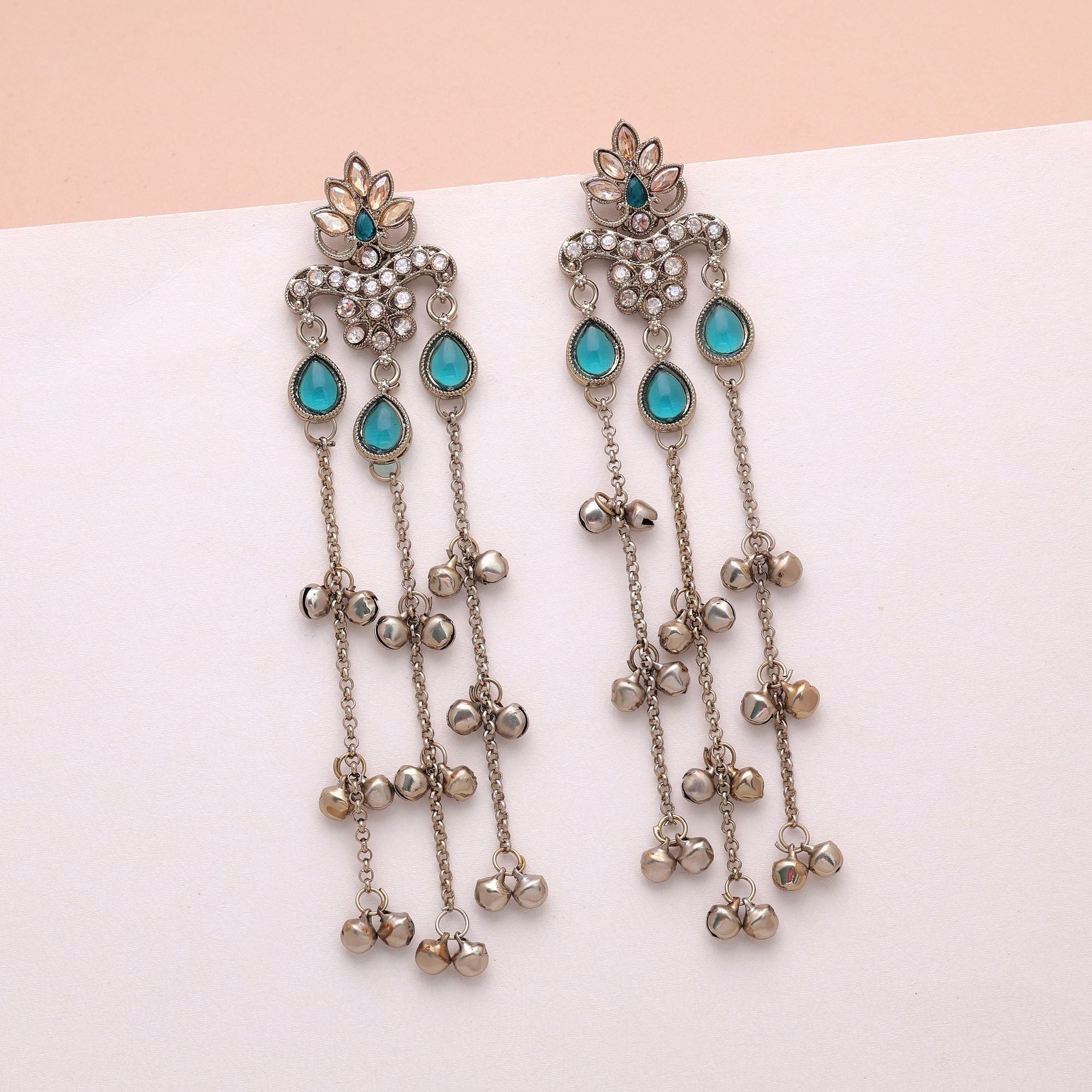 Rama Green Color Long Kashmiri Earrings Traditional Designer Finish