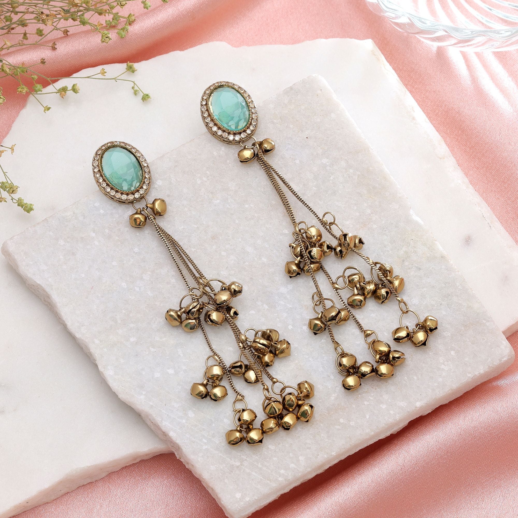 Aqua Color Long Kashmiri Earrings Designer Fashion Style
