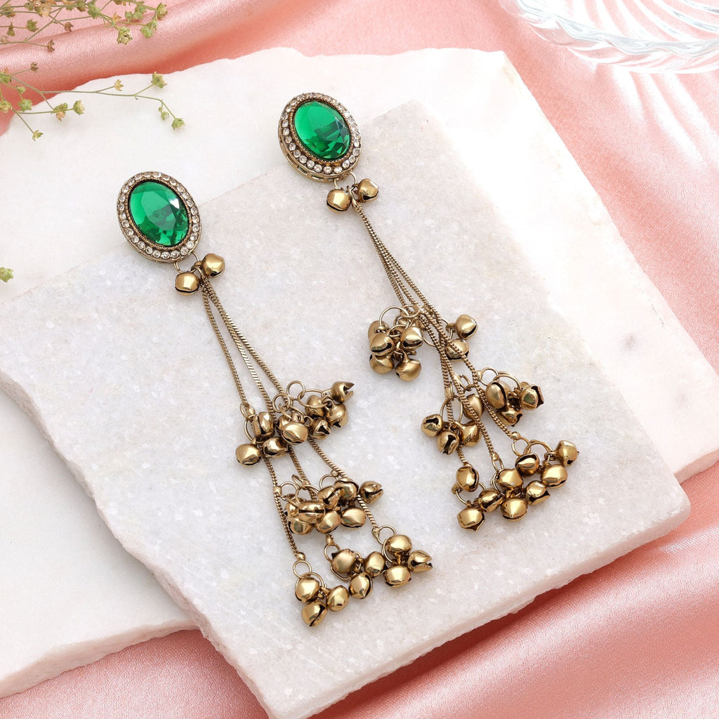 Green Color Long Kashmiri Earrings Traditional Jewelry Finish